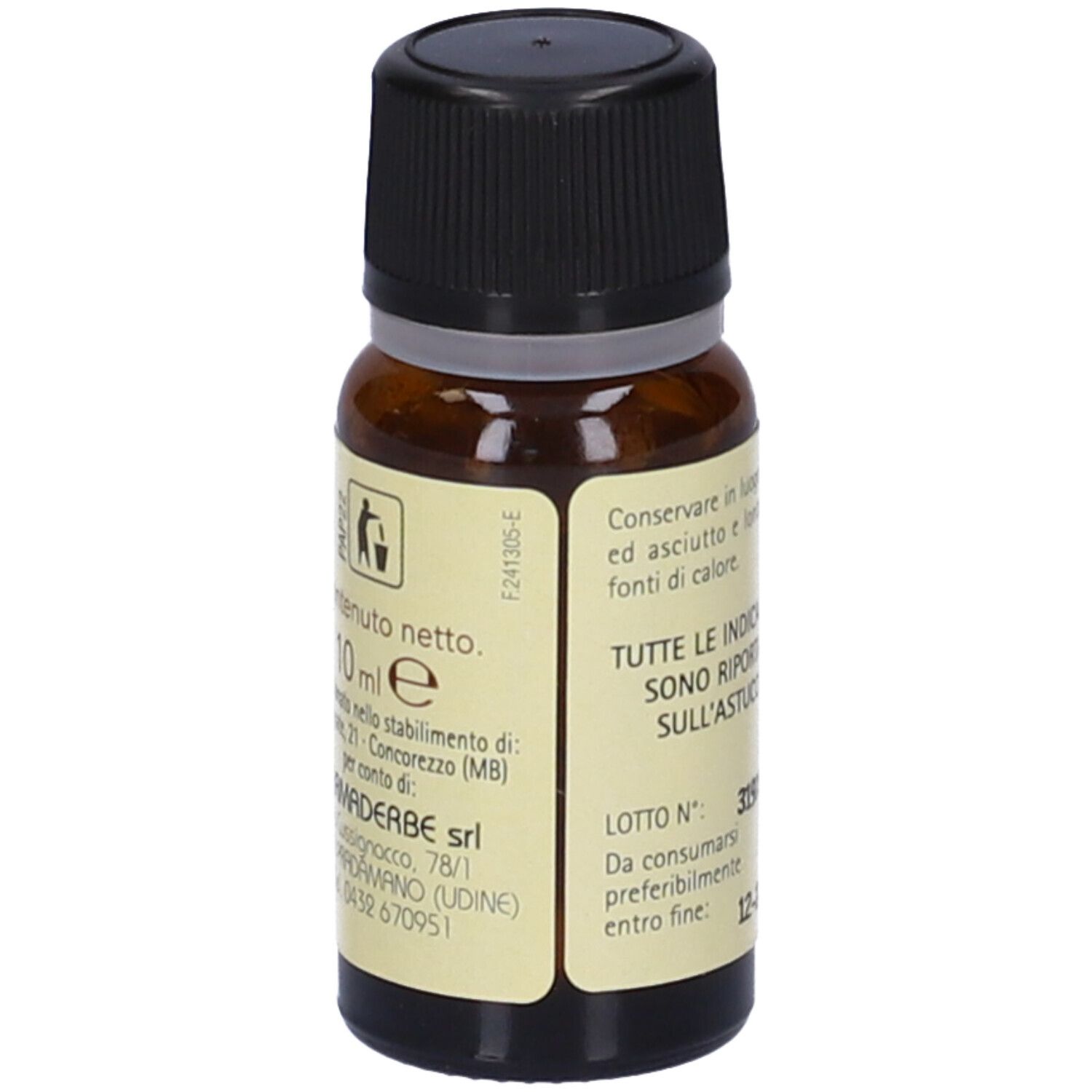 Flacone di vetro marrone con tappo nero. Etichetta con testo e contenuto. Contiene Olio Essenziale Mandarino.