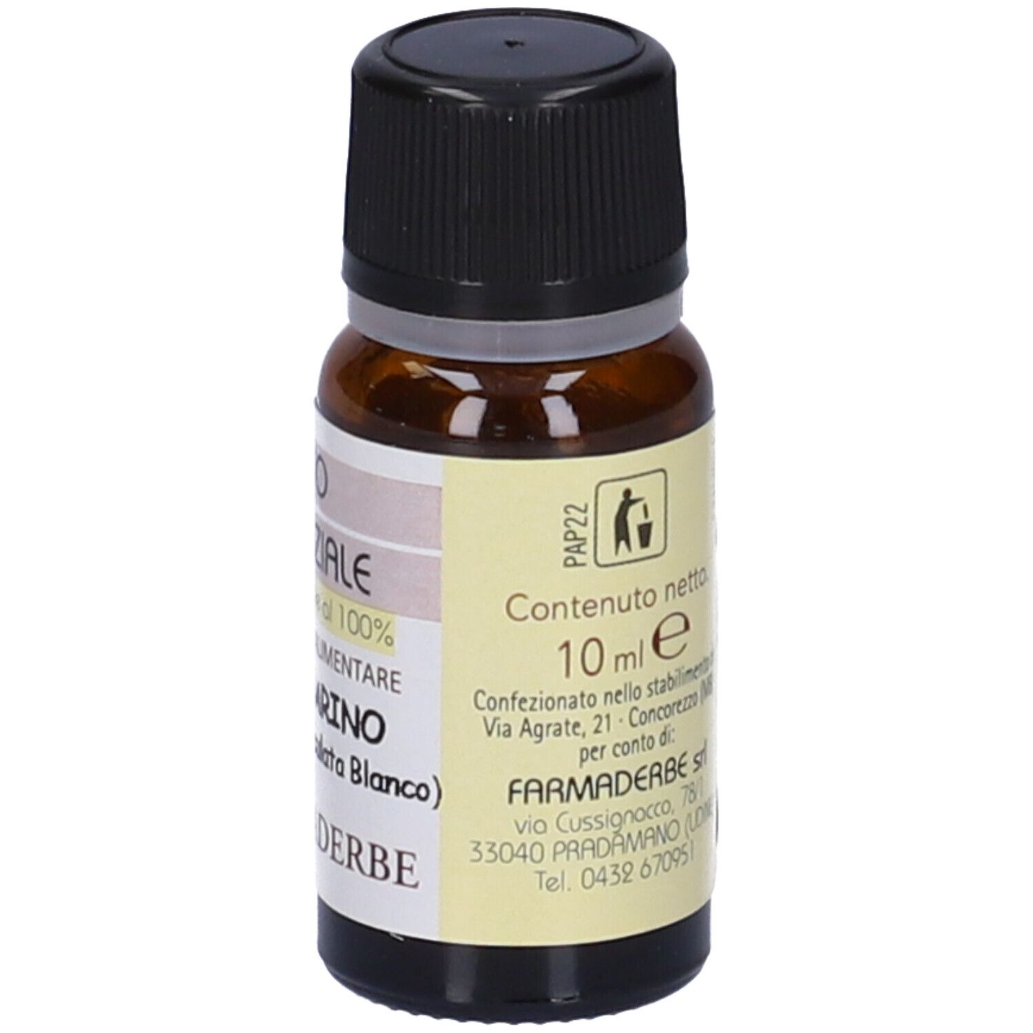 Flacone di vetro marrone con tappo nero. Etichetta con testo e contenuto. Contiene Olio Essenziale Mandarino.