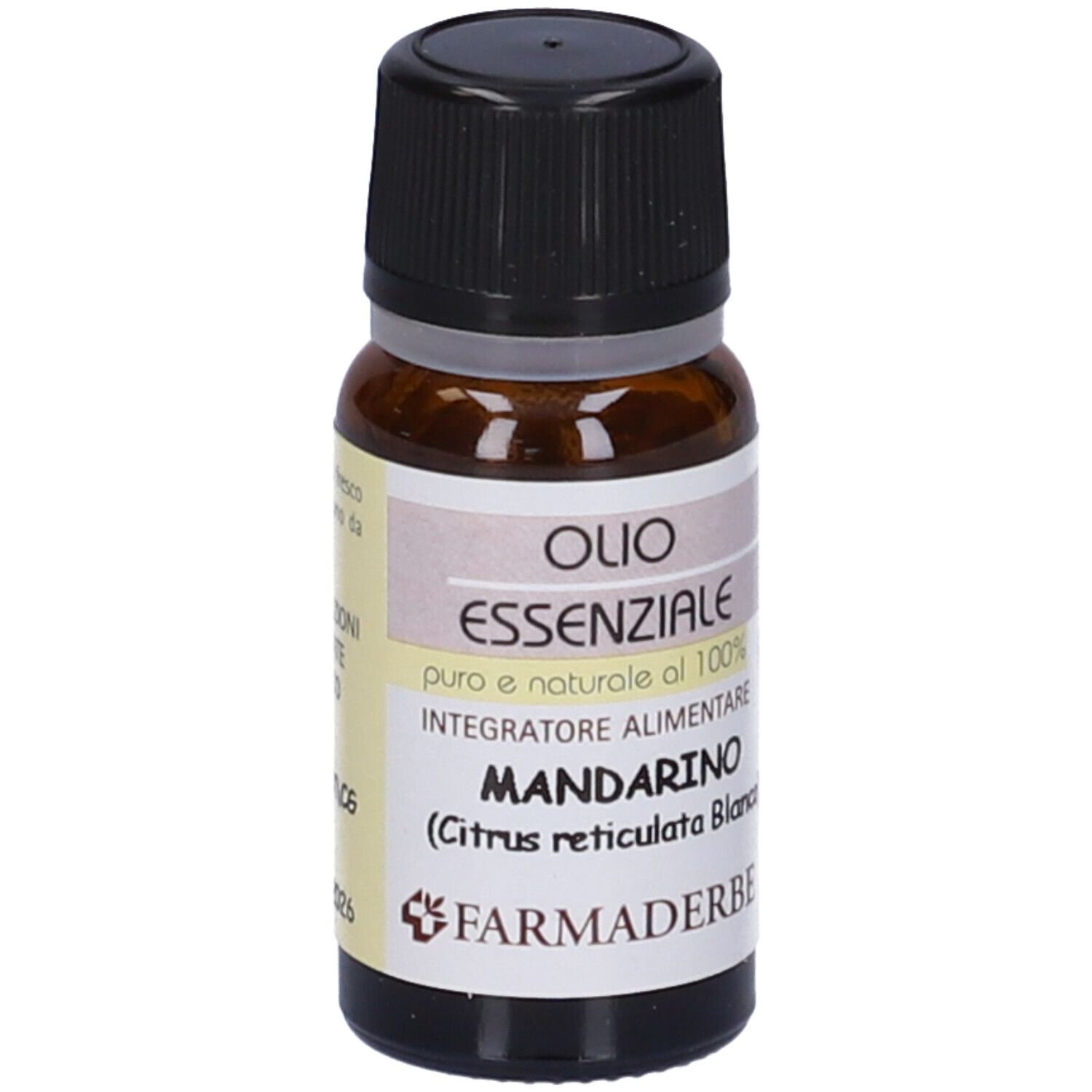 Flacone di vetro marrone con tappo nero. Etichetta con testo: Olio Essenziale, Mandarino, Integratore alimentare.