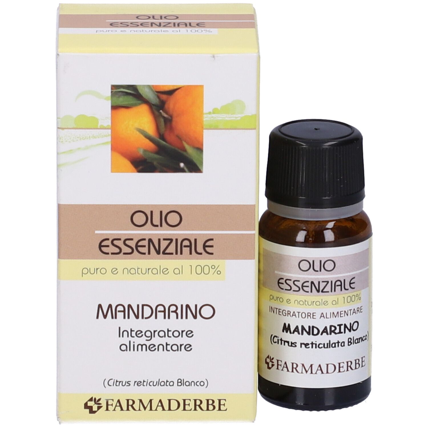 Flacone e scatola di Olio Essenziale Mandarino. Scatola con immagine di mandarini. Flacone con tappo nero.