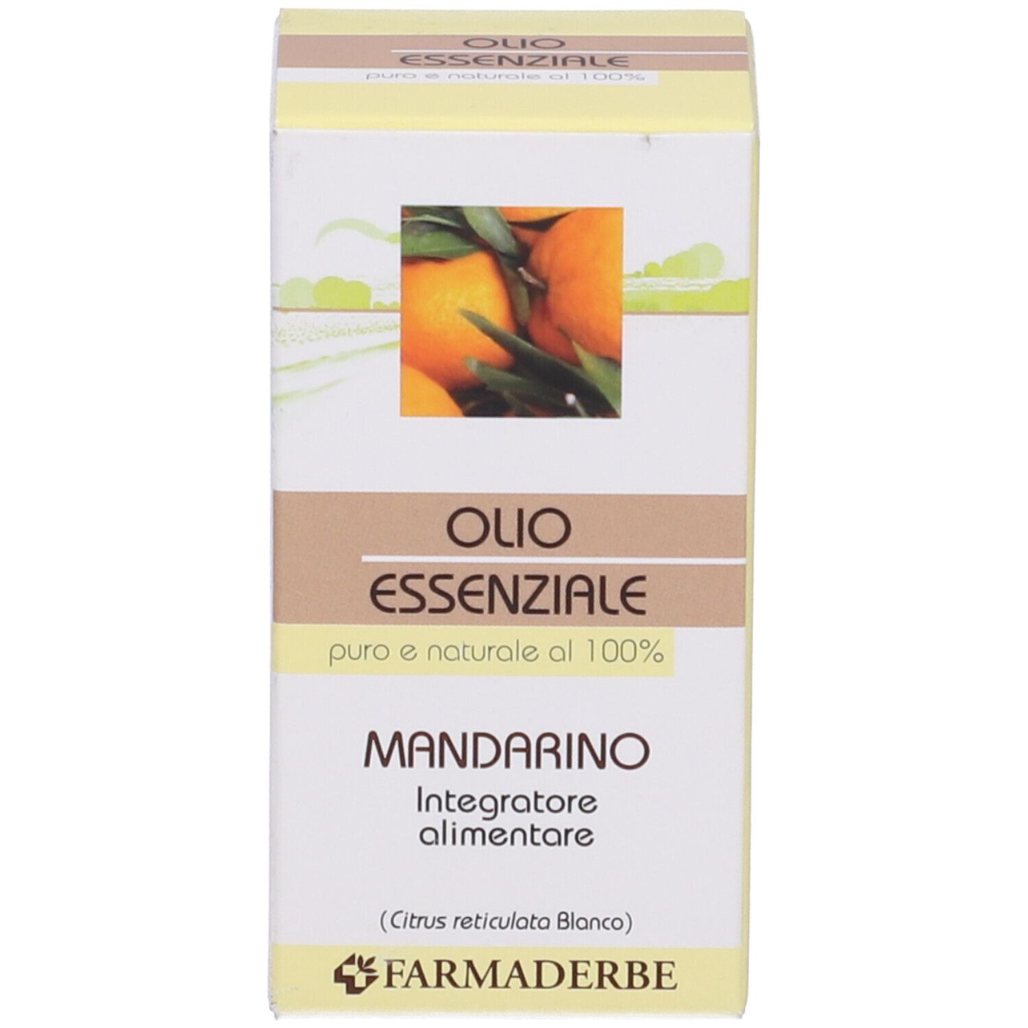 Scatola di Olio Essenziale Mandarino. Immagine di mandarini. Testo: Olio Essenziale, Mandarino, Integratore alimentare.