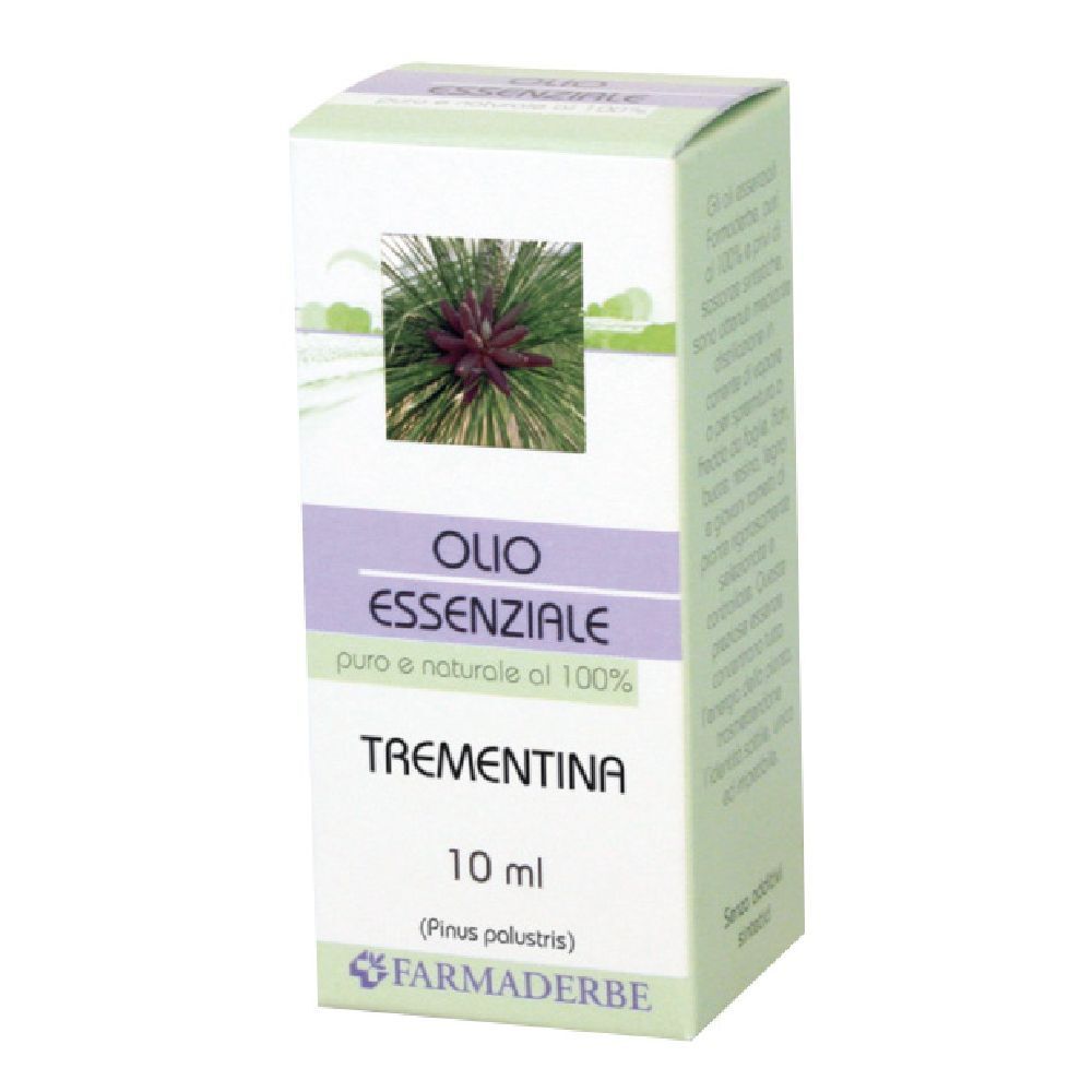 Scatola di Olio Essenziale Trementina. Scritto: 10 ml, logo FarmaDerbe.
