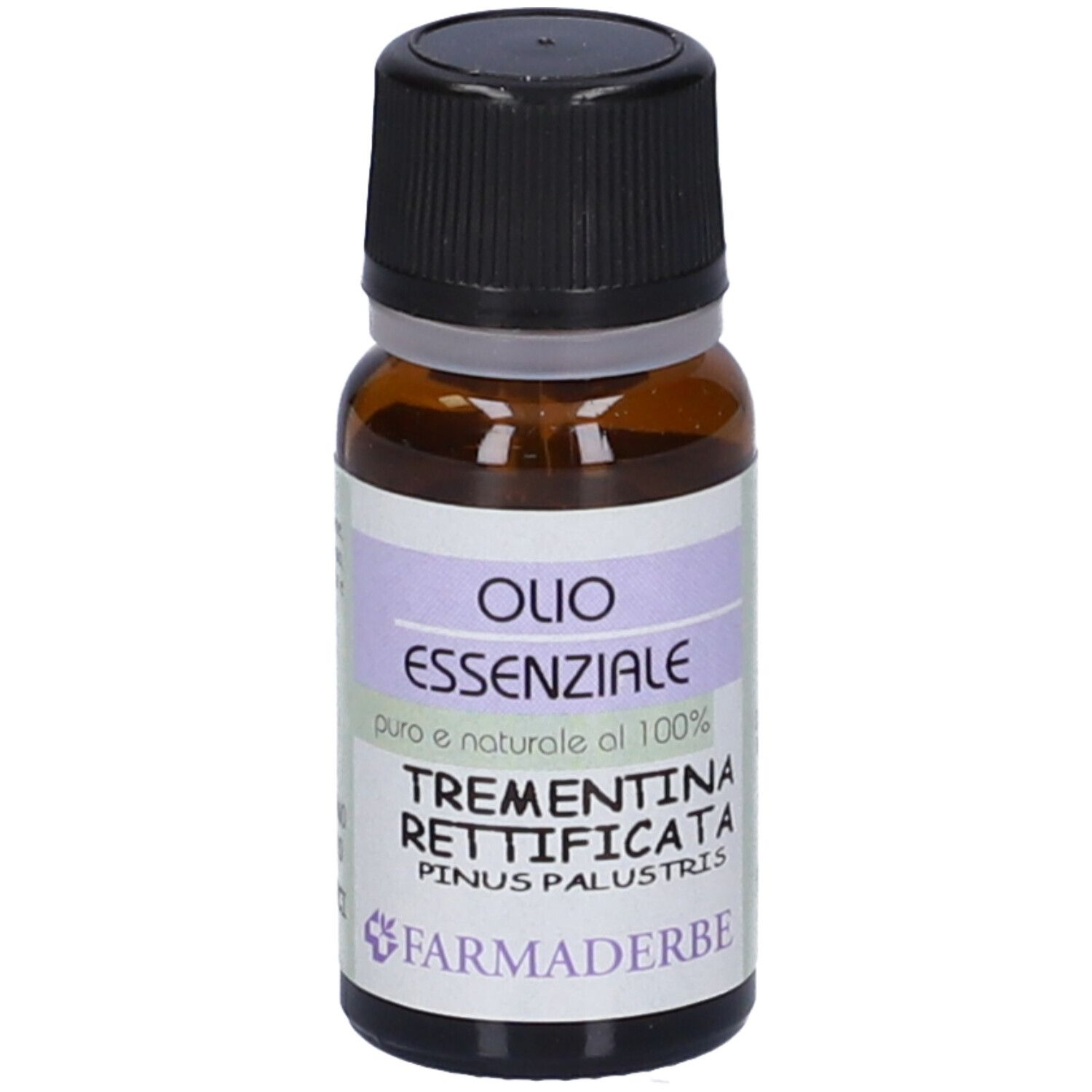 Flacone in vetro marrone, tappo nero. Scritto: Olio Essenziale Trementina, FarmaDerbe.