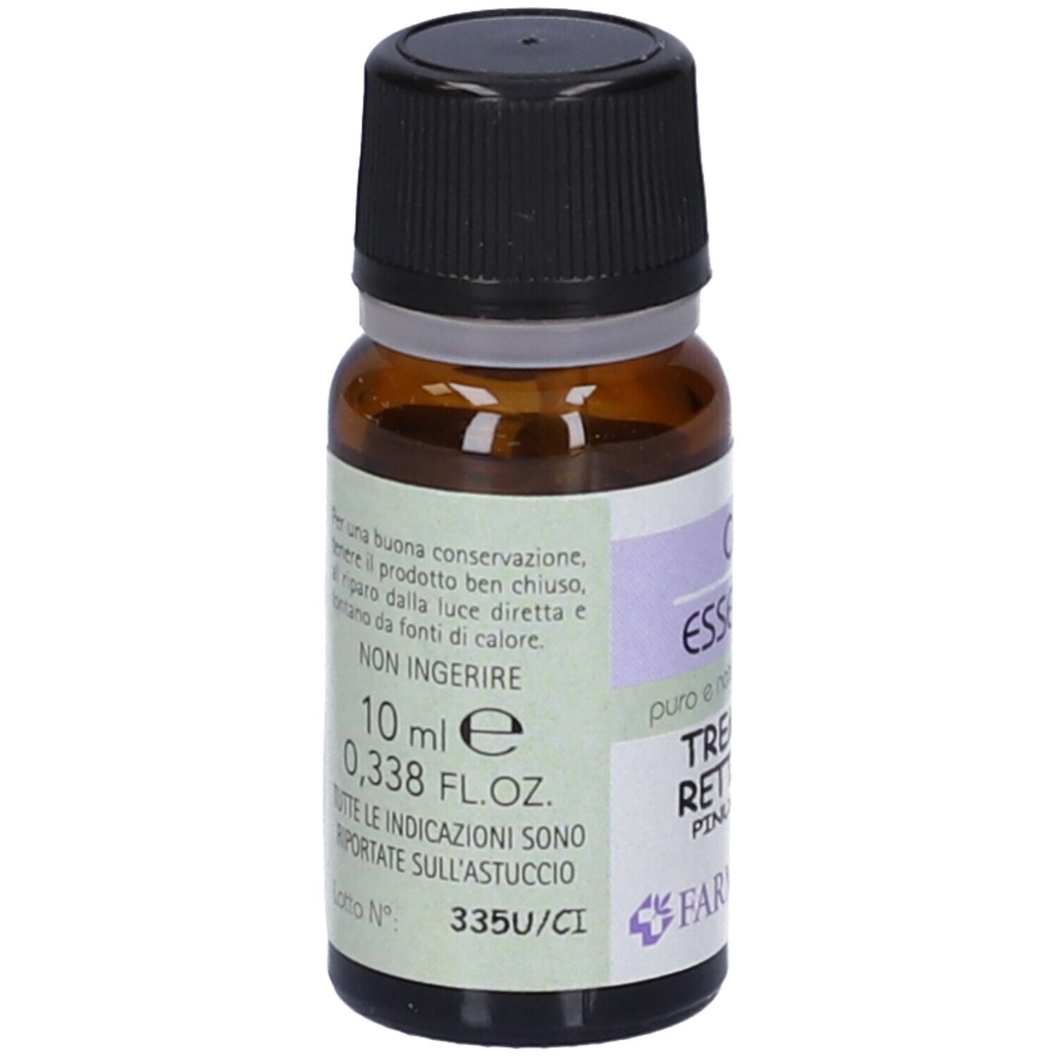 Flacone marrone, tappo nero. Scritto: 10 ml, 0,338 fl.oz. Etichetta con testo.