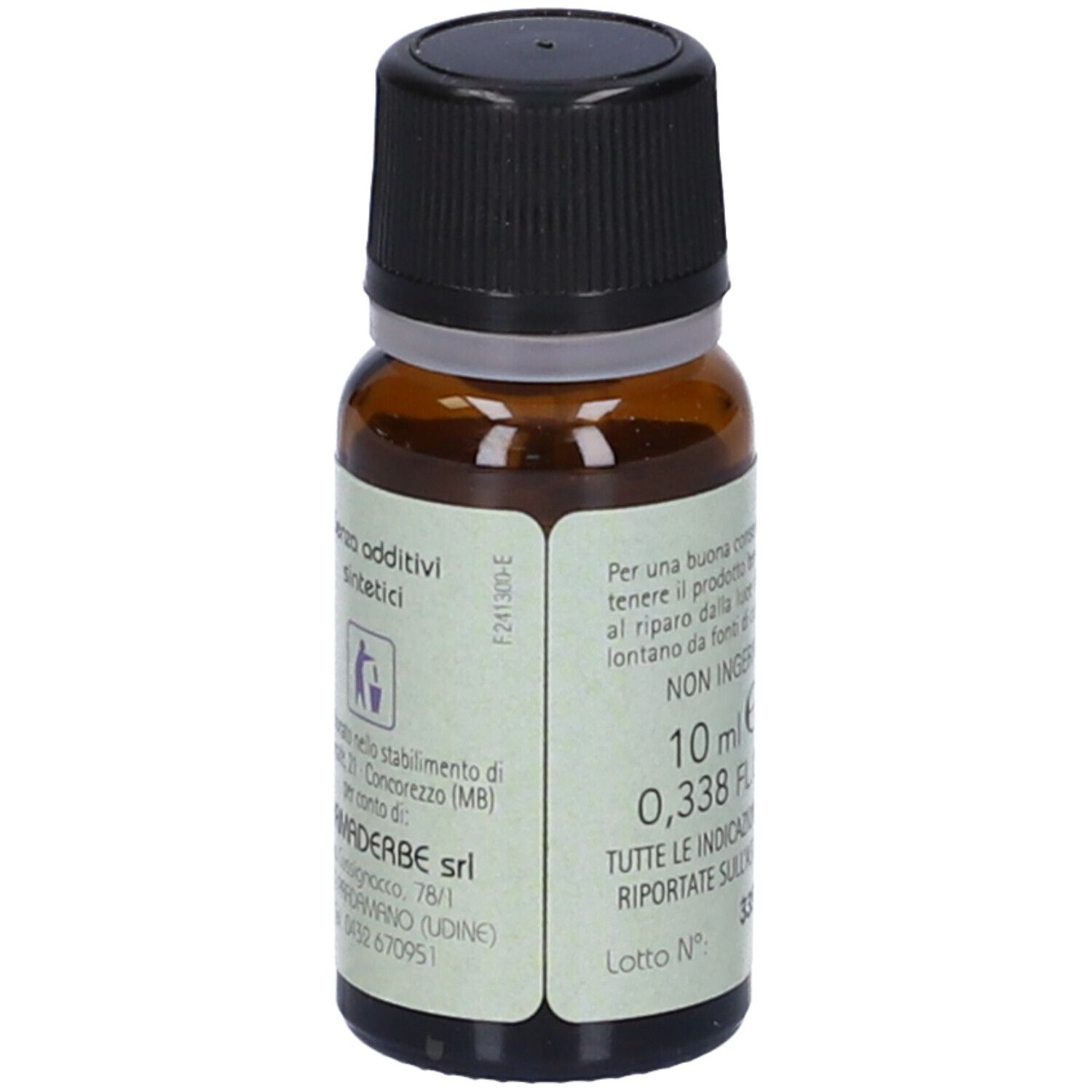 Flacone marrone, tappo nero. Scritto: 10 ml, etichetta con testo e simbolo.