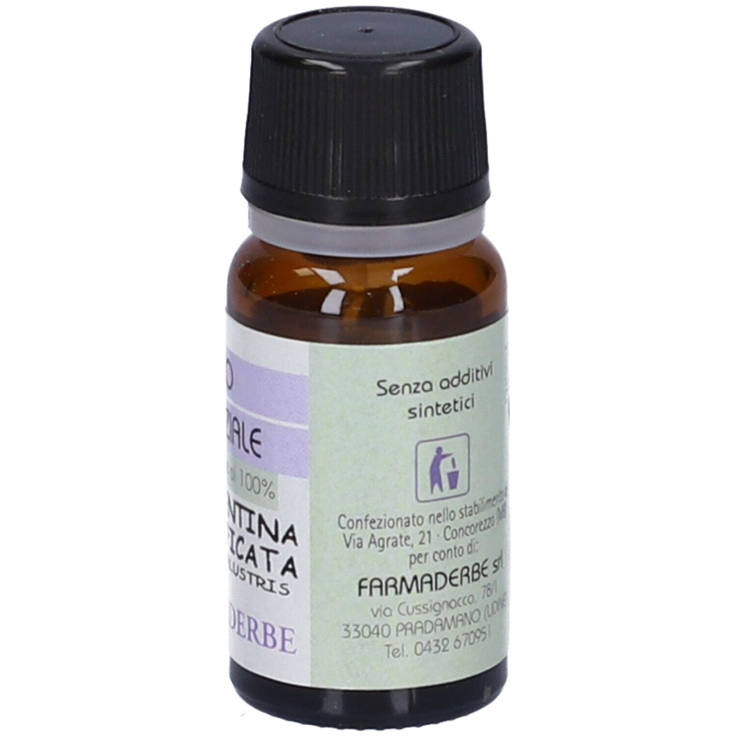 Flacone marrone, tappo nero. Scritto: Olio Essenziale Trementina, FarmaDerbe.