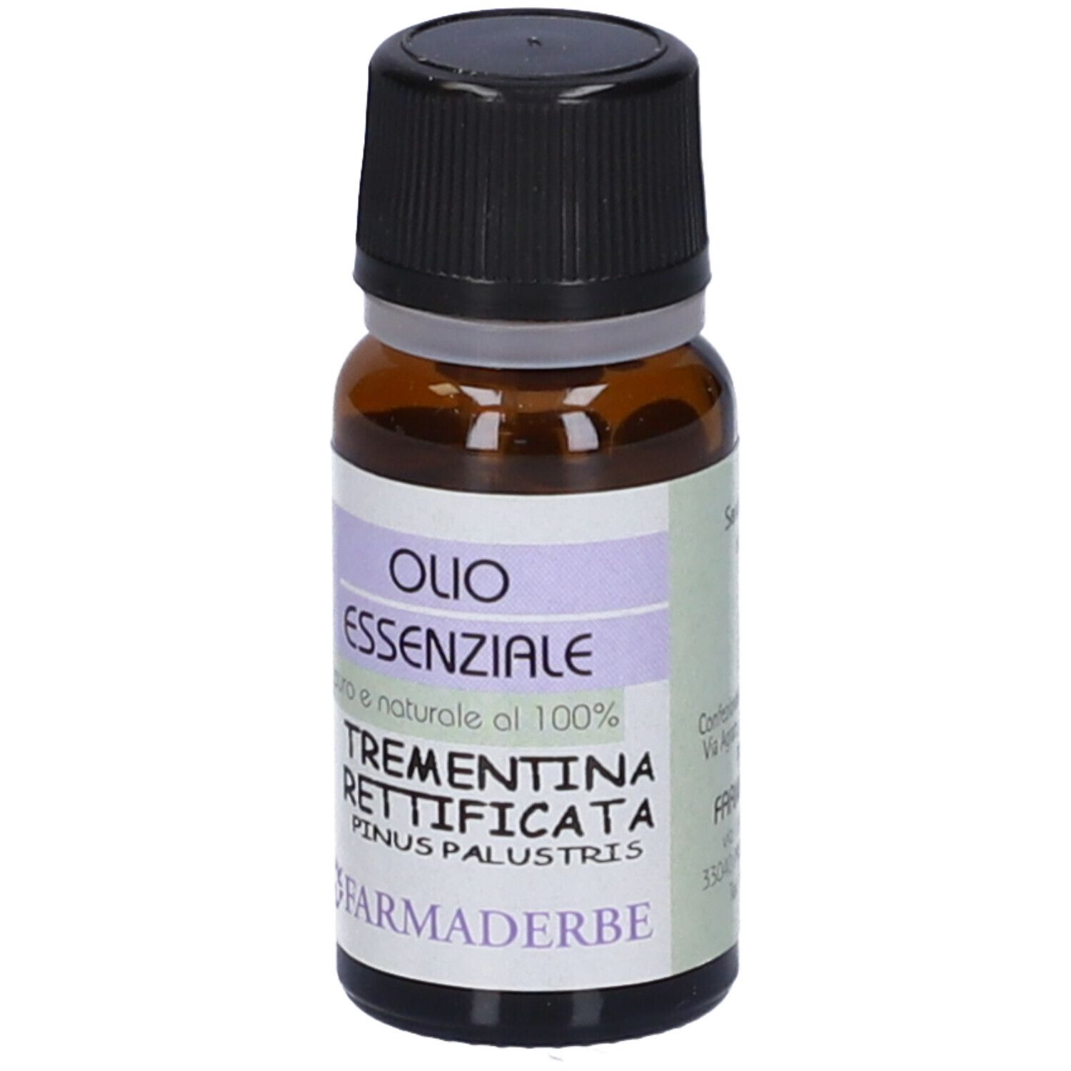 Flacone marrone, tappo nero. Scritto: Olio Essenziale Trementina, FarmaDerbe.