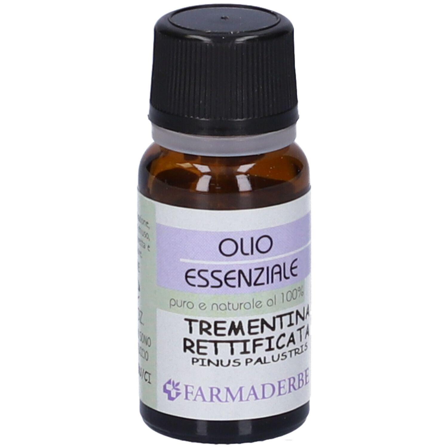 Flacone marrone, tappo nero. Scritto: Olio Essenziale Trementina, FarmaDerbe.