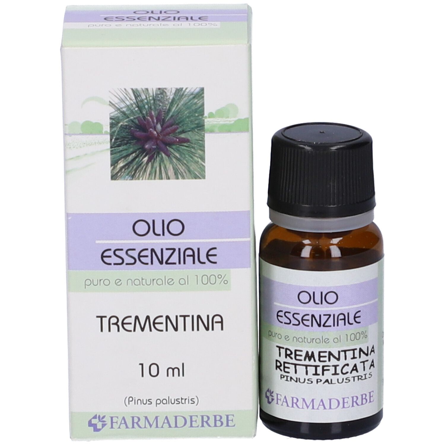 Flacone marrone e scatola. Scritto: Olio Essenziale Trementina, 10 ml, FarmaDerbe.
