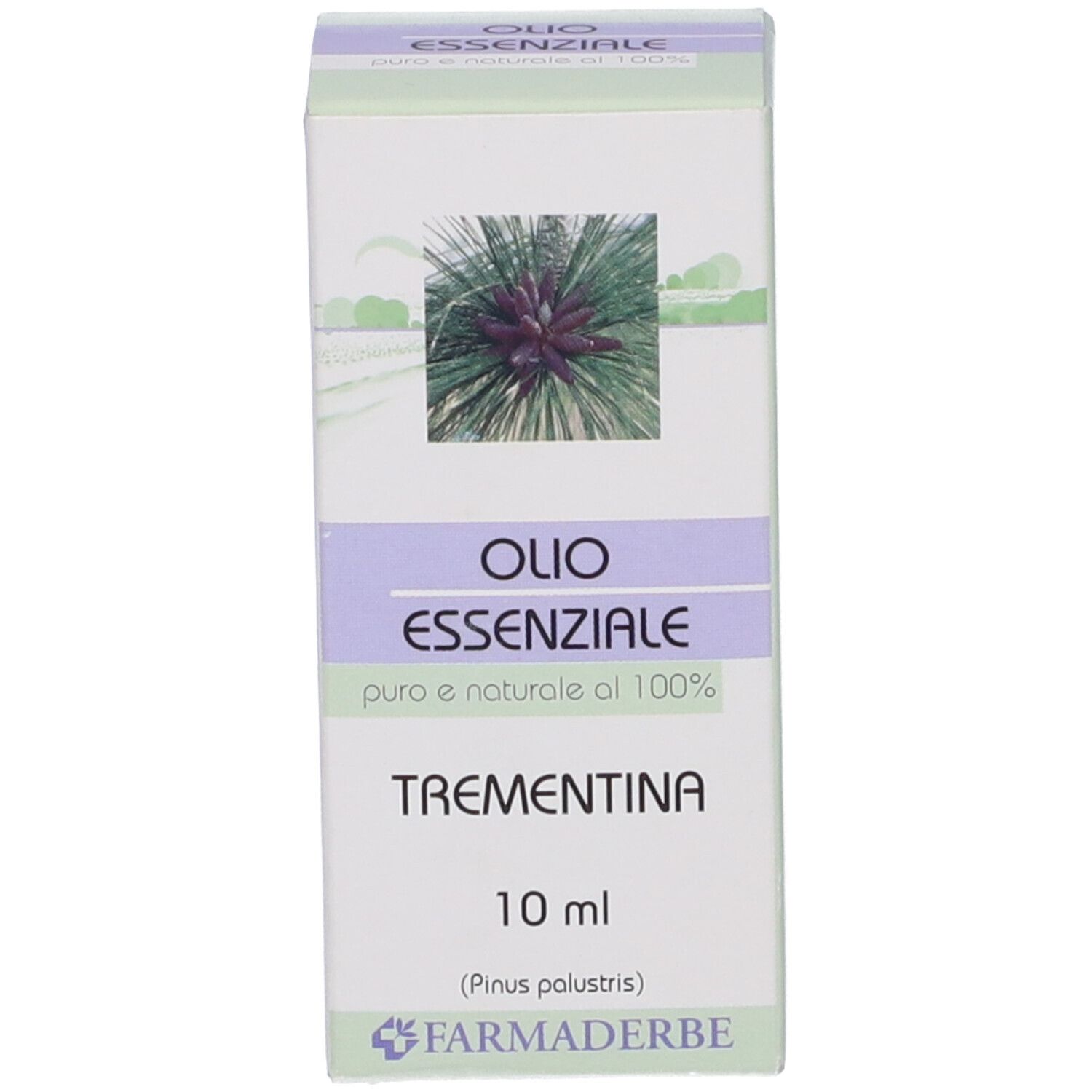 Scatola di Olio Essenziale Trementina. Scritto: 10 ml, logo FarmaDerbe.