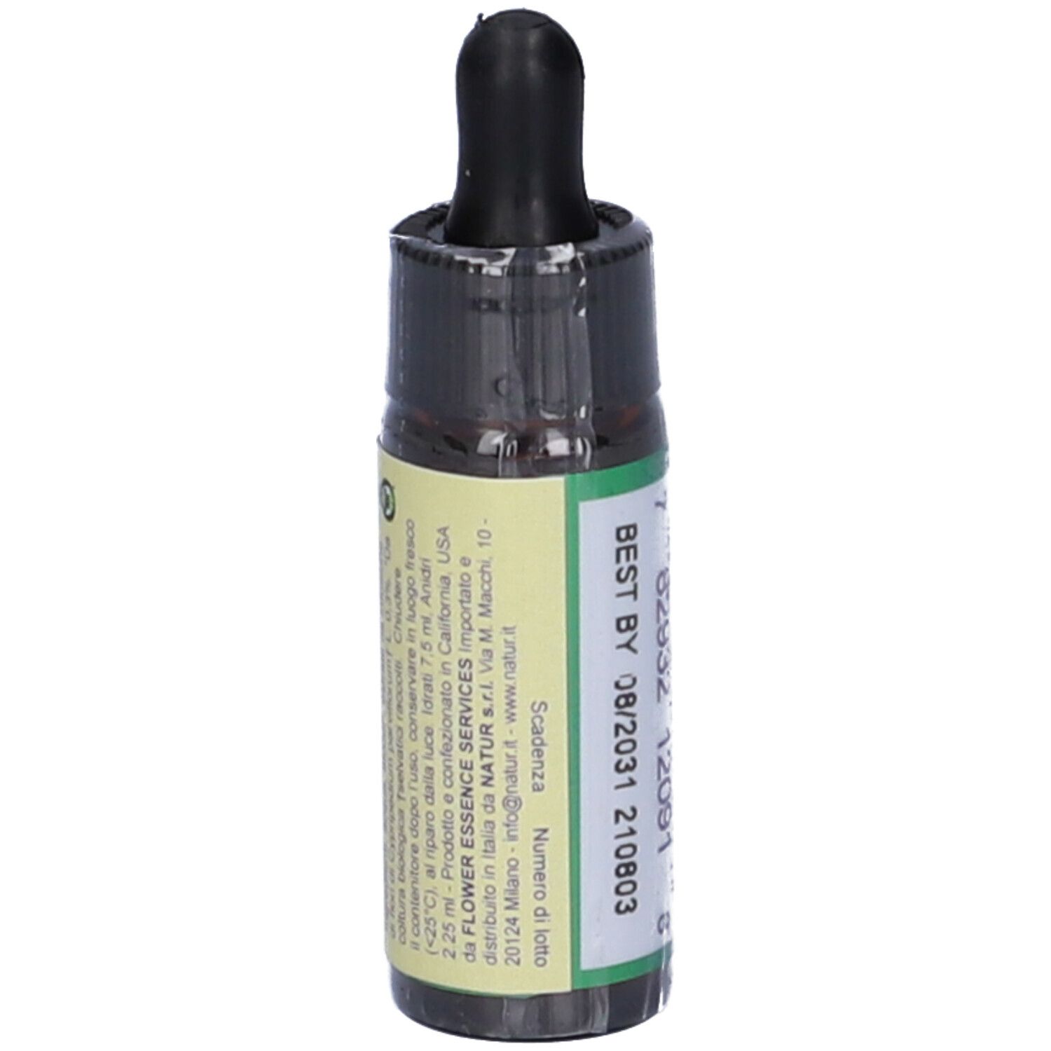 Flacone di vetro marrone con tappo nero. Etichetta con testo e data di scadenza 08/2031. 7,5 ml.