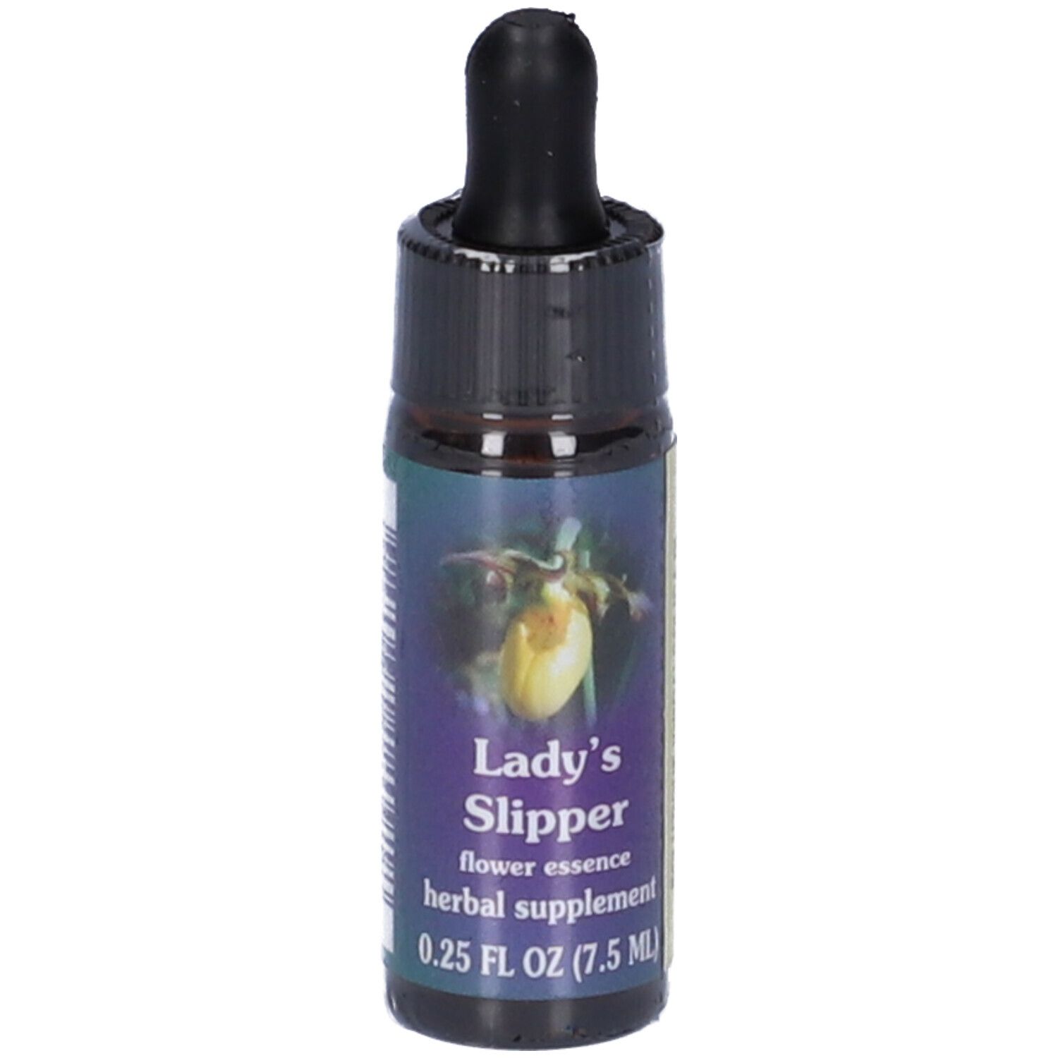 Flacone di vetro marrone con tappo nero e contagocce. Etichetta con nome del prodotto e illustrazione floreale. 7,5 ml.