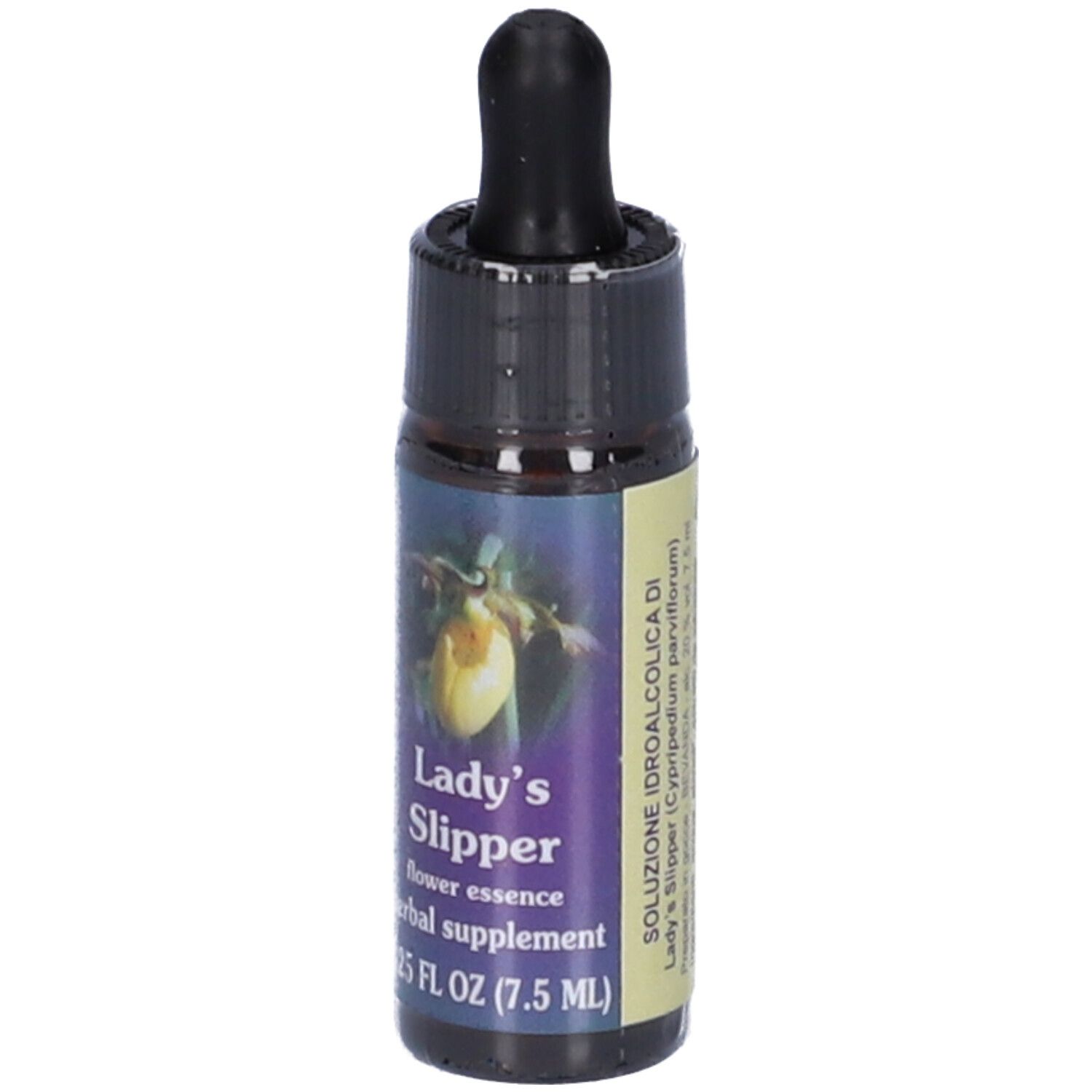 Flacone di vetro marrone con tappo nero. Etichetta con nome del prodotto e illustrazione floreale. 7,5 ml.