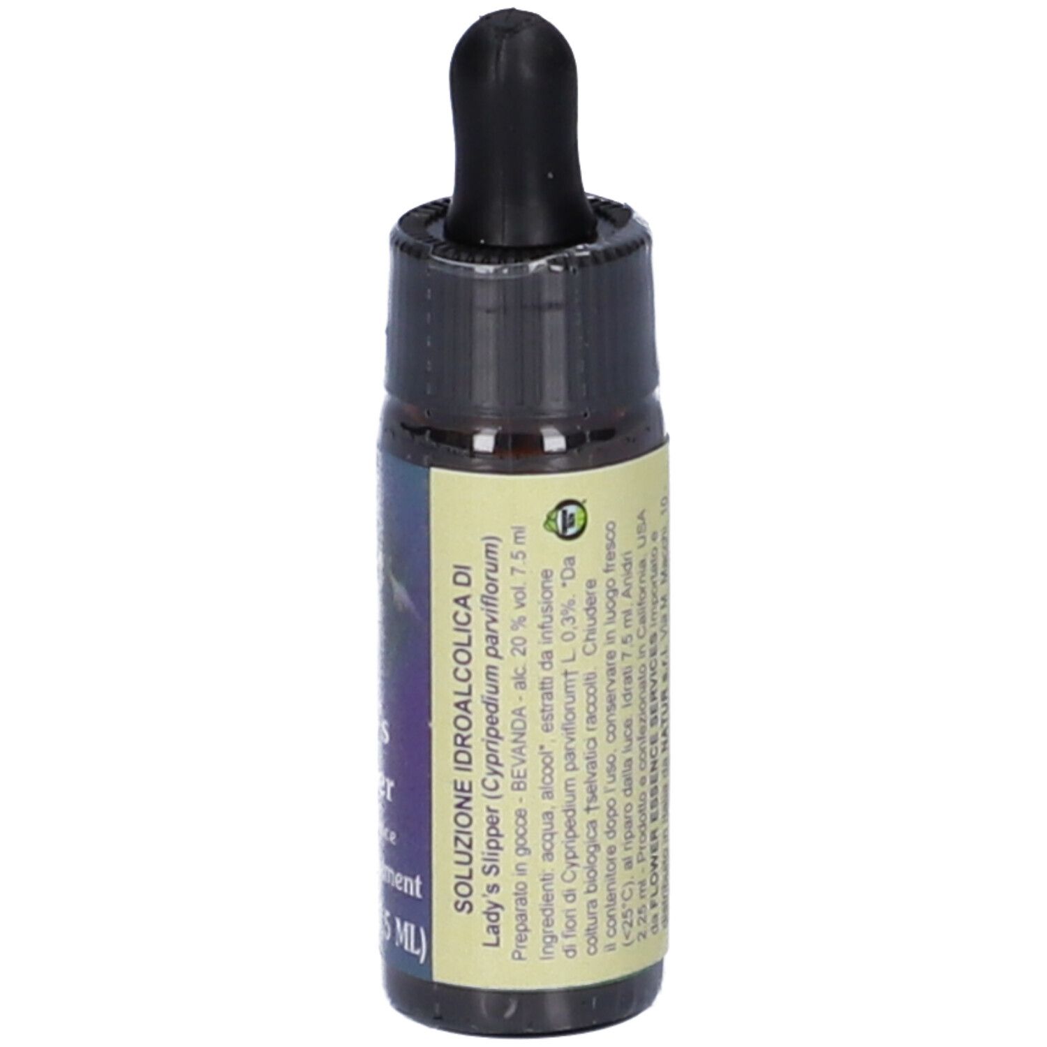 Flacone di vetro marrone con tappo nero. Etichetta con nome del prodotto e testo. 7,5 ml.