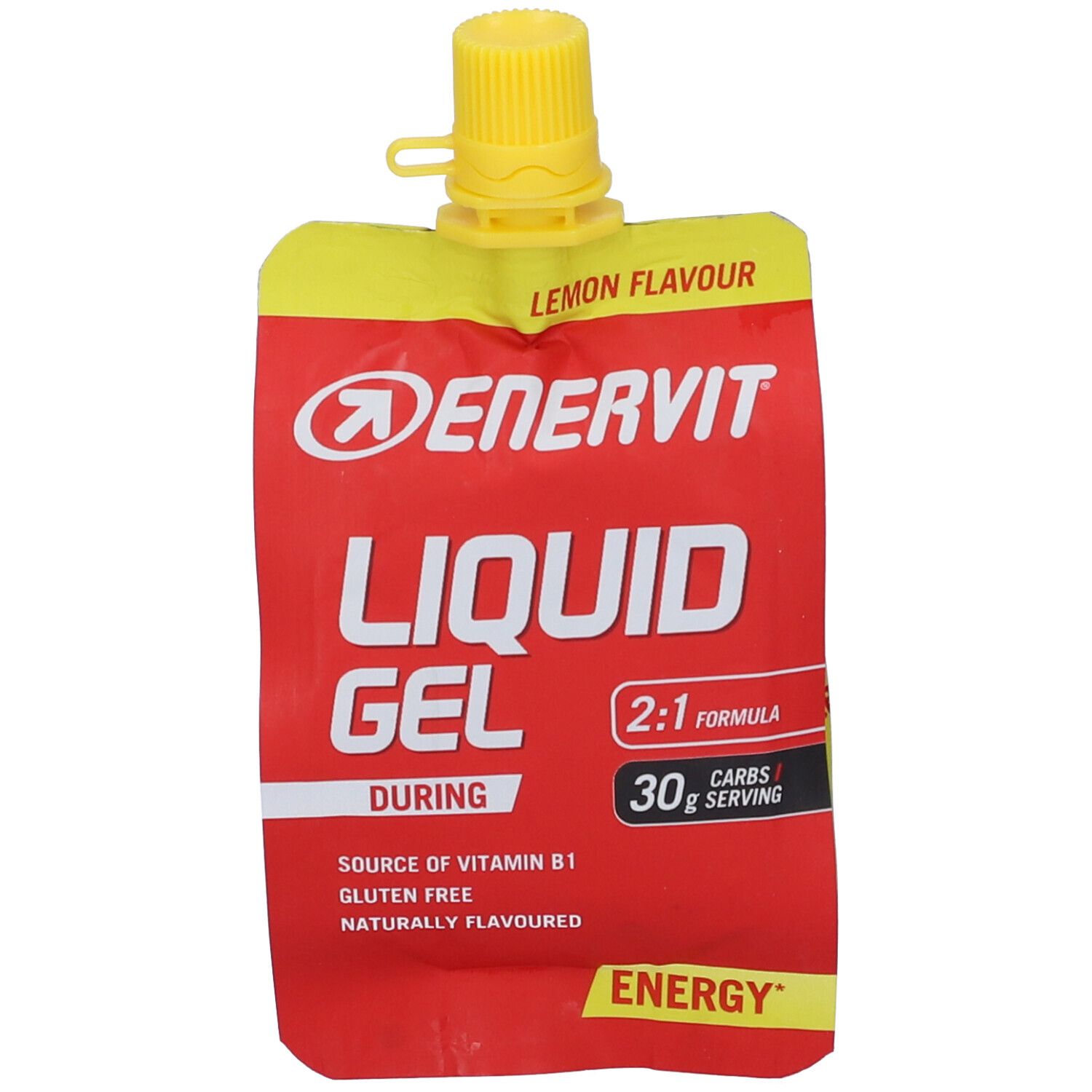 Rotes Gel-Pack mit gelbem Verschluss. Schriftzug: ENERVIT LIQUID GEL, Zitrone. Enthält Vitamin B1, glutenfrei. 30g Kohlenhydrate pro Portion.