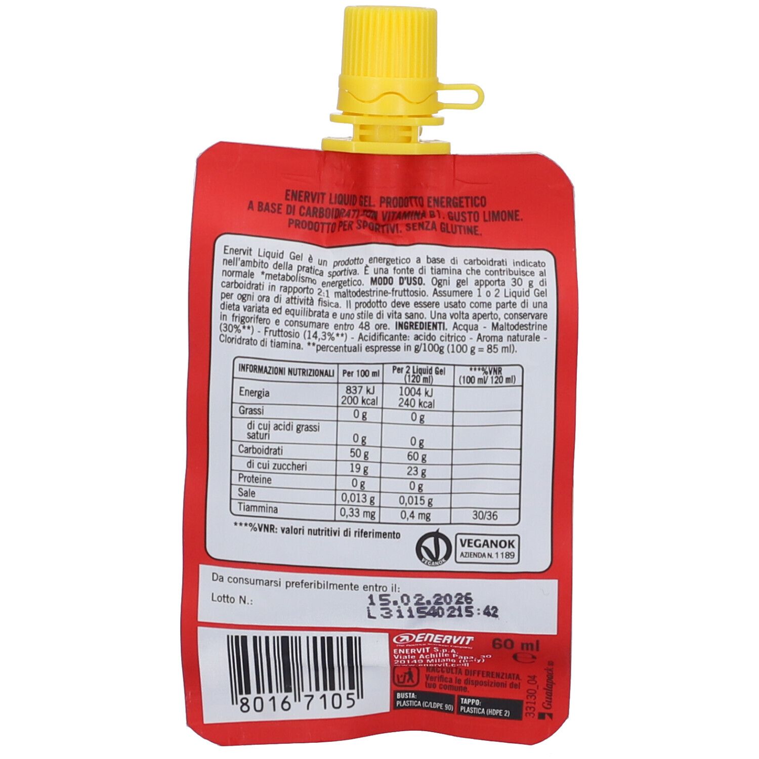 Rückseite eines roten Gel-Packs mit gelbem Verschluss. Enthält Nährwertangaben und Inhaltsstoffe. Marke: ENERVIT. Mindesthaltbarkeitsdatum: 15.02.2026.