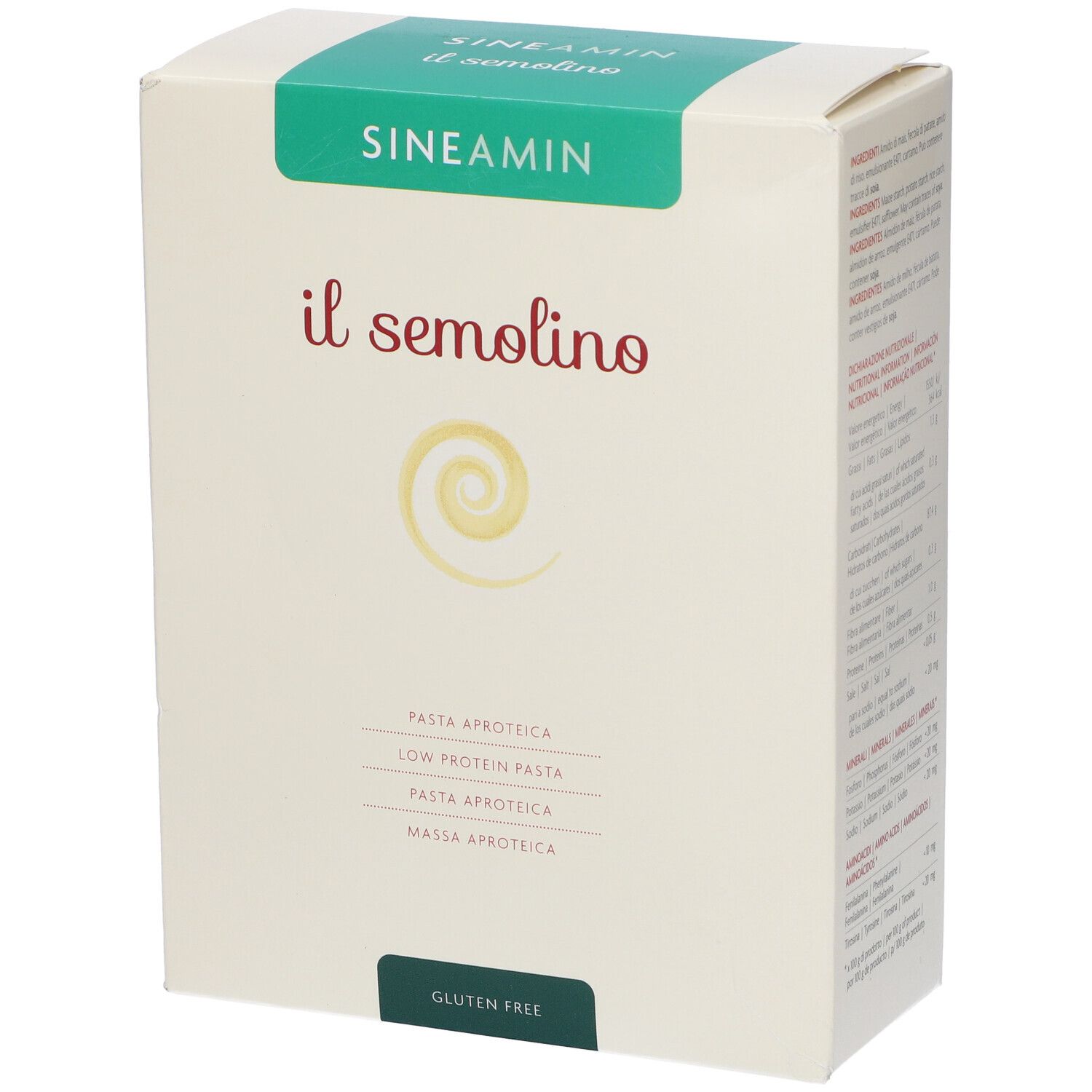 Confezione "Sineamin il semolino". Striscia verde con logo. Testo: "Pasta aproteica, Low protein pasta, senza glutine".