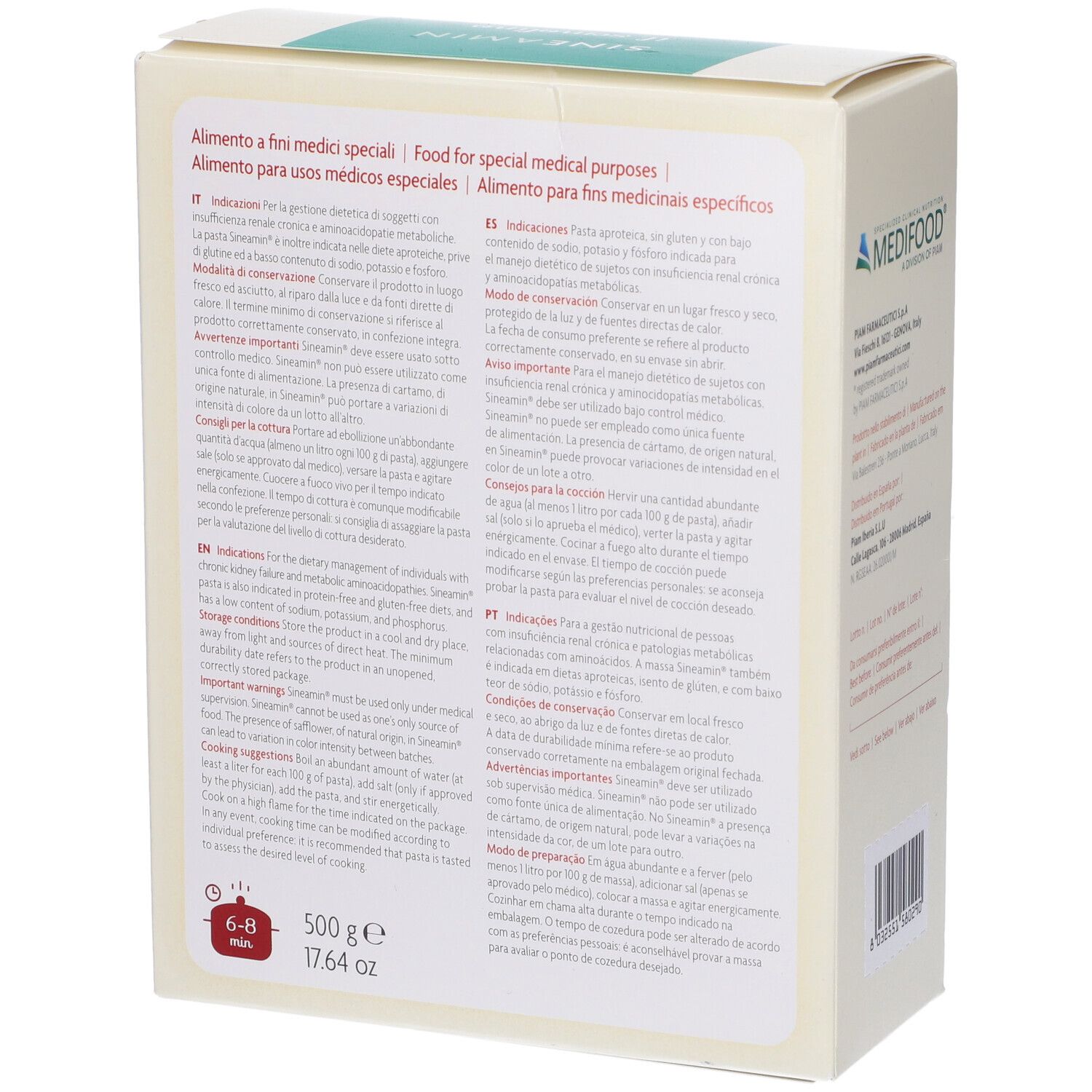 Confezione "Sineamin il semolino". Retro con testo. Informazioni per scopi medici. 500 g, 17.64 oz.