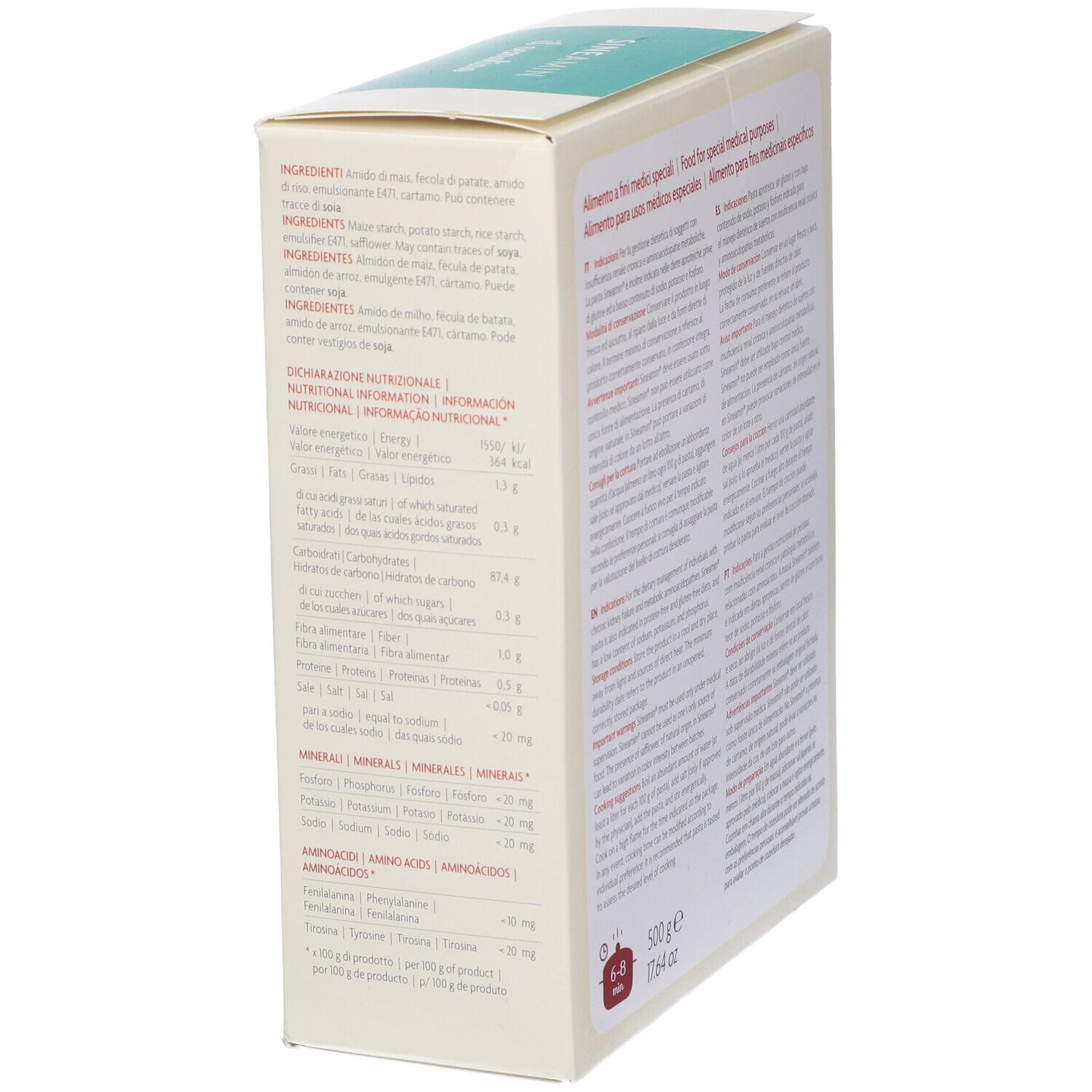 Confezione "Sineamin il semolino". Vista laterale con ingredienti e informazioni nutrizionali. 500 g, 17.64 oz.