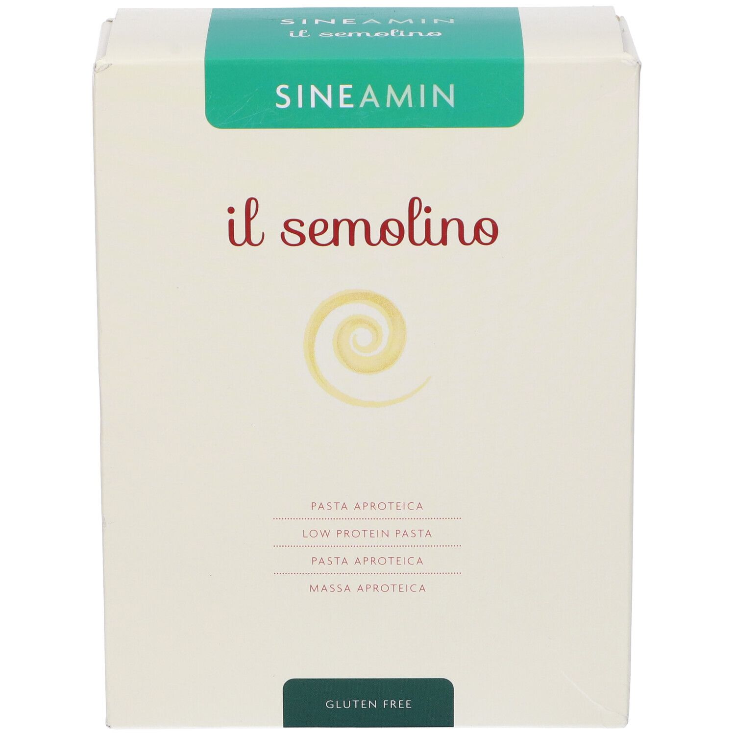 Confezione "Sineamin il semolino". Striscia verde con logo. Testo: "Pasta aproteica, Low protein pasta, senza glutine".