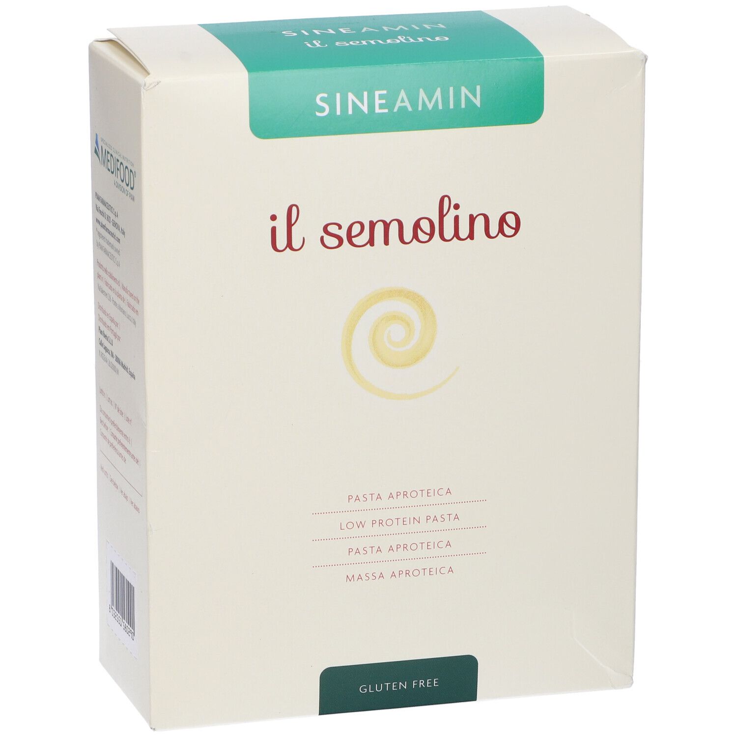 Confezione "Sineamin il semolino". Striscia verde con logo. Testo: "Pasta aproteica, Low protein pasta, senza glutine".
