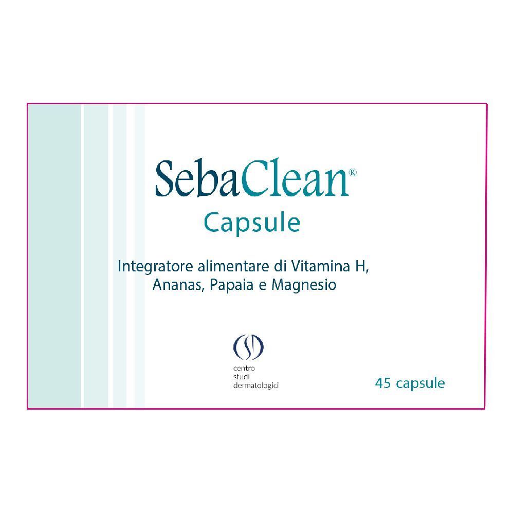 Confezione di SebaClean Capsule. Contiene 45 capsule. Contiene vitamina H, ananas, papaya e magnesio.