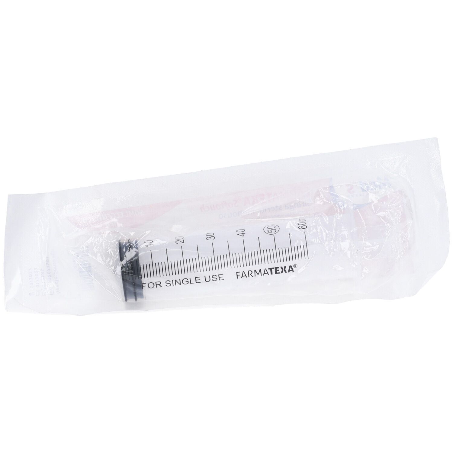 Siringa in confezione. Cilindro trasparente con scala e pistone nero. Scritta: Farmatexa, For Single Use.