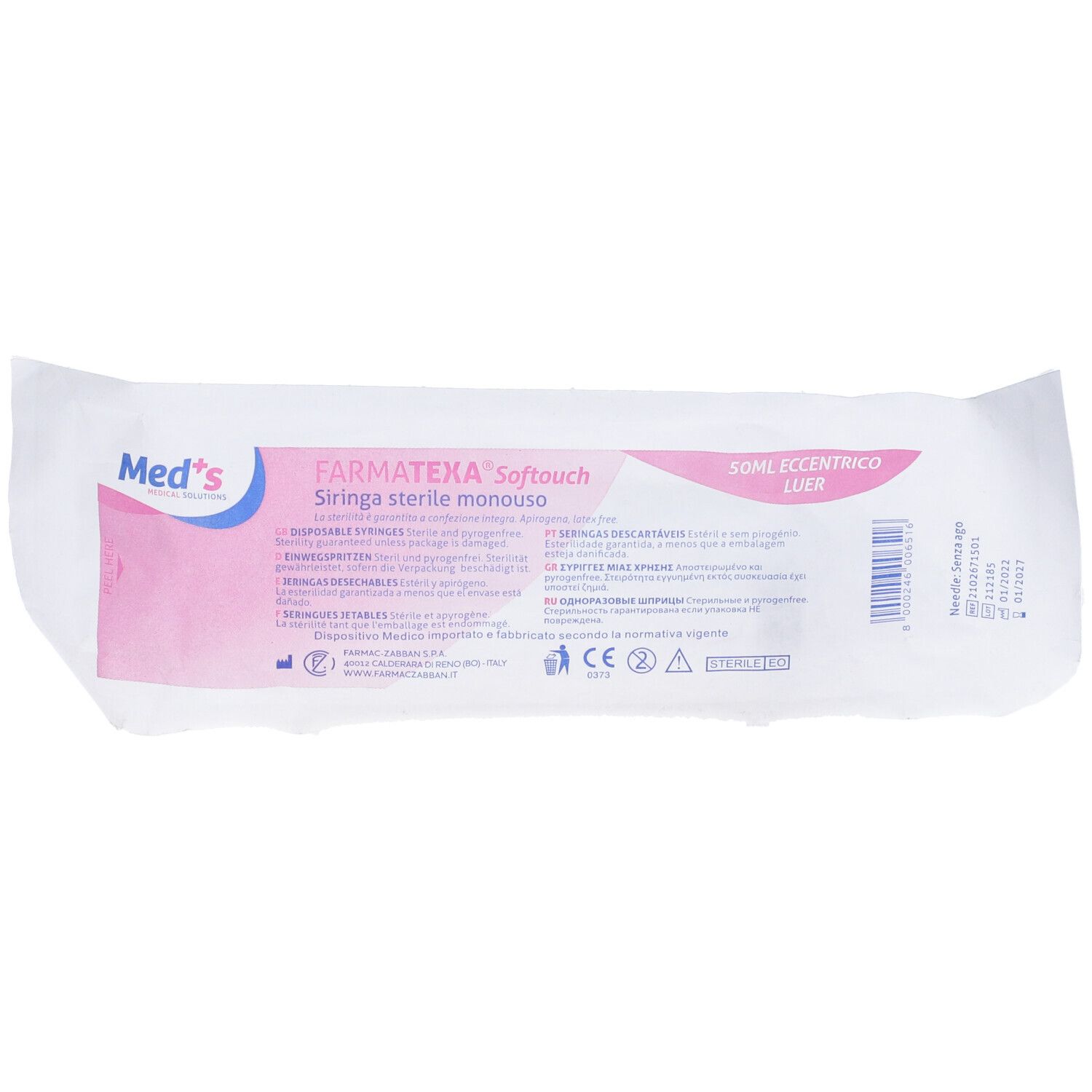 Confezione con siringa. Scritta: Farmatexa Softouch, Siringa sterile monouso. Con marchio CE.