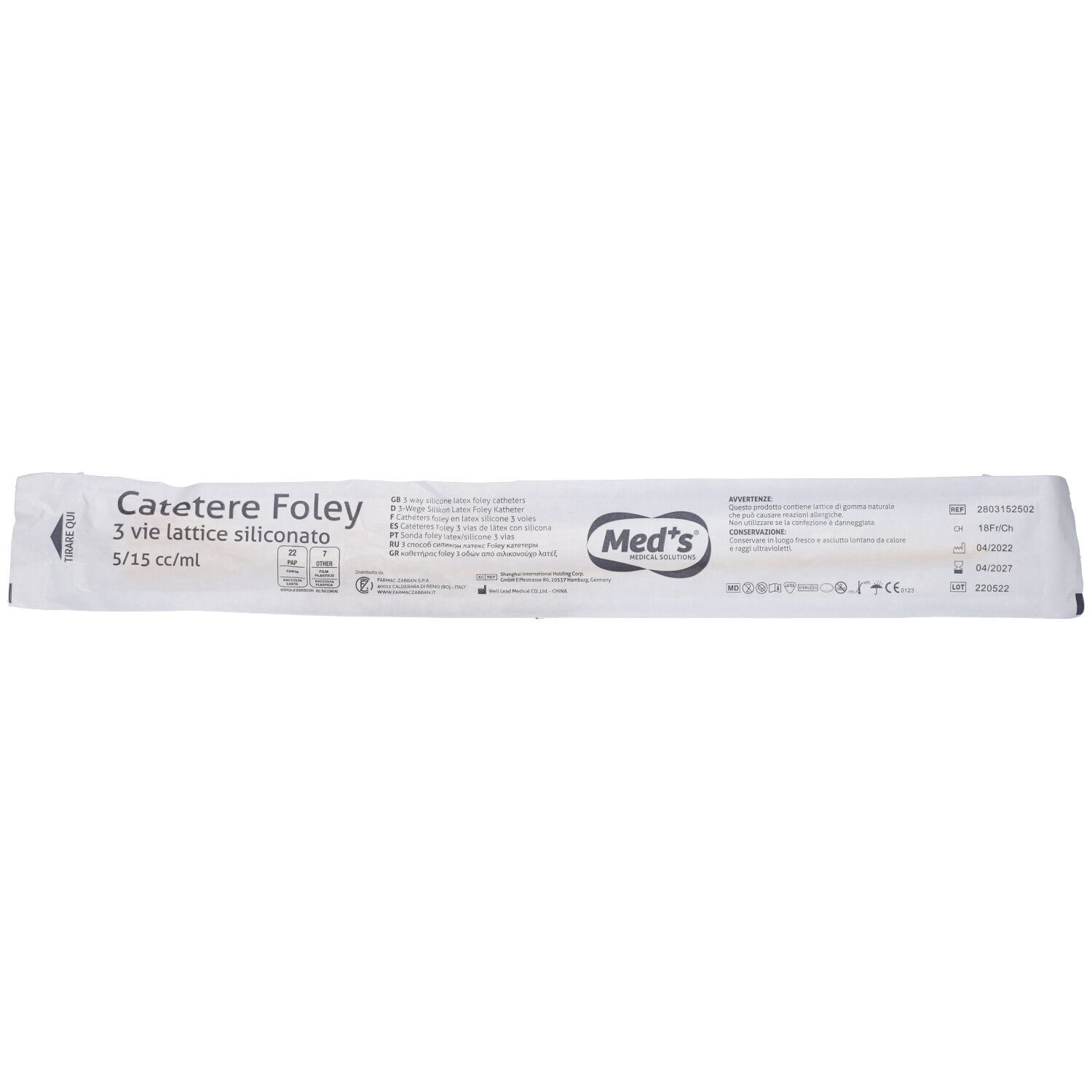 Catetere in confezione. Stampato: 'Catetere Foley', '3 vie lattice siliconato', '5/15 cc/ml', logo 'Med's'.