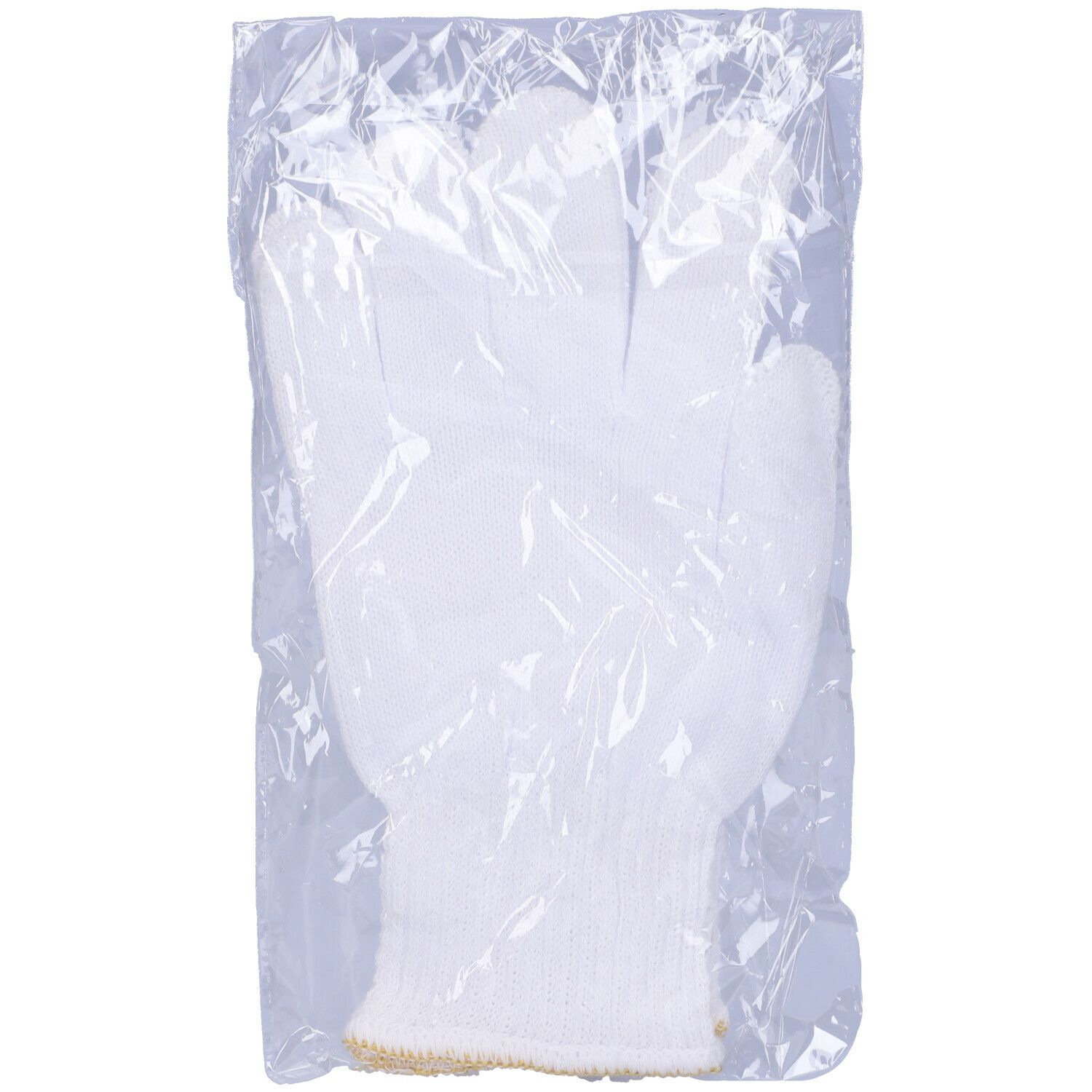 Weißer Baumwollhandschuh in Plastikverpackung. Größe 6,5. Ansicht von hinten.