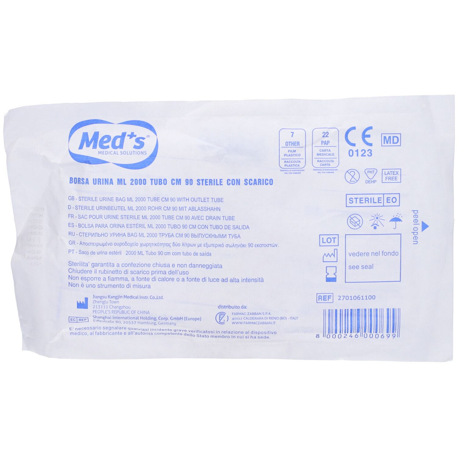 Verpackung einer Urinbeutels. Text in mehreren Sprachen. Logo Med's. CE-Kennzeichnung und Steril-Hinweis.