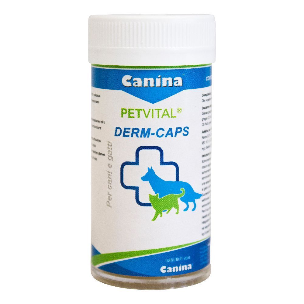Barattolo cilindrico con coperchio bianco. Scritta PETVITAL DERM-CAPS e logo con cane e gatto. Marchio Canina.