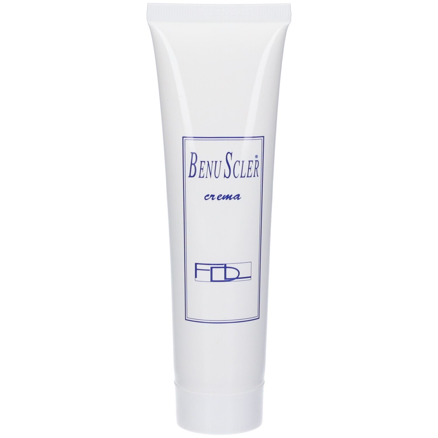 Weiße Tube mit blauem Etikett und der Aufschrift "BenuScler crema".