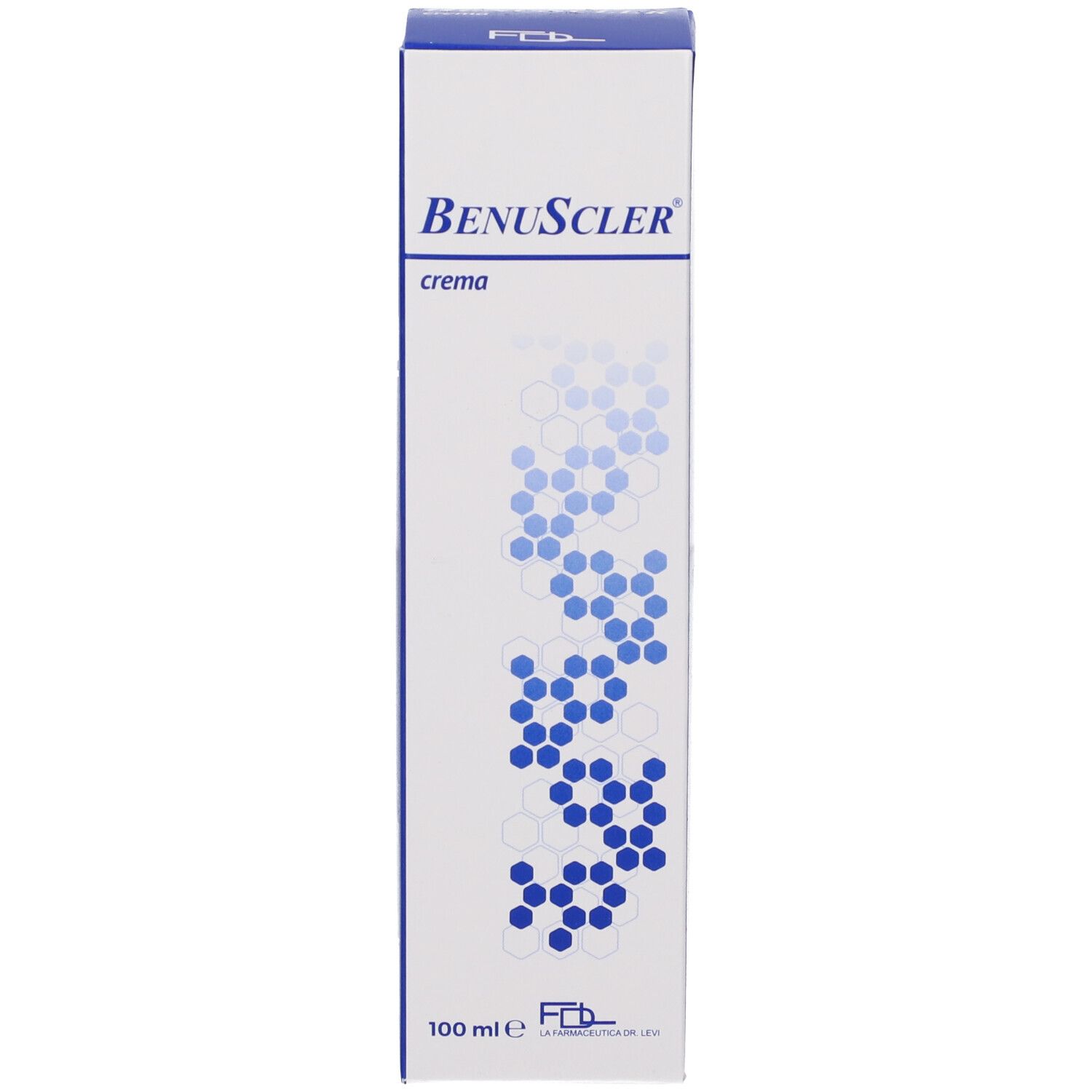 Weiße Produktverpackung mit blauem Design und "BenuScler crema" Aufschrift.