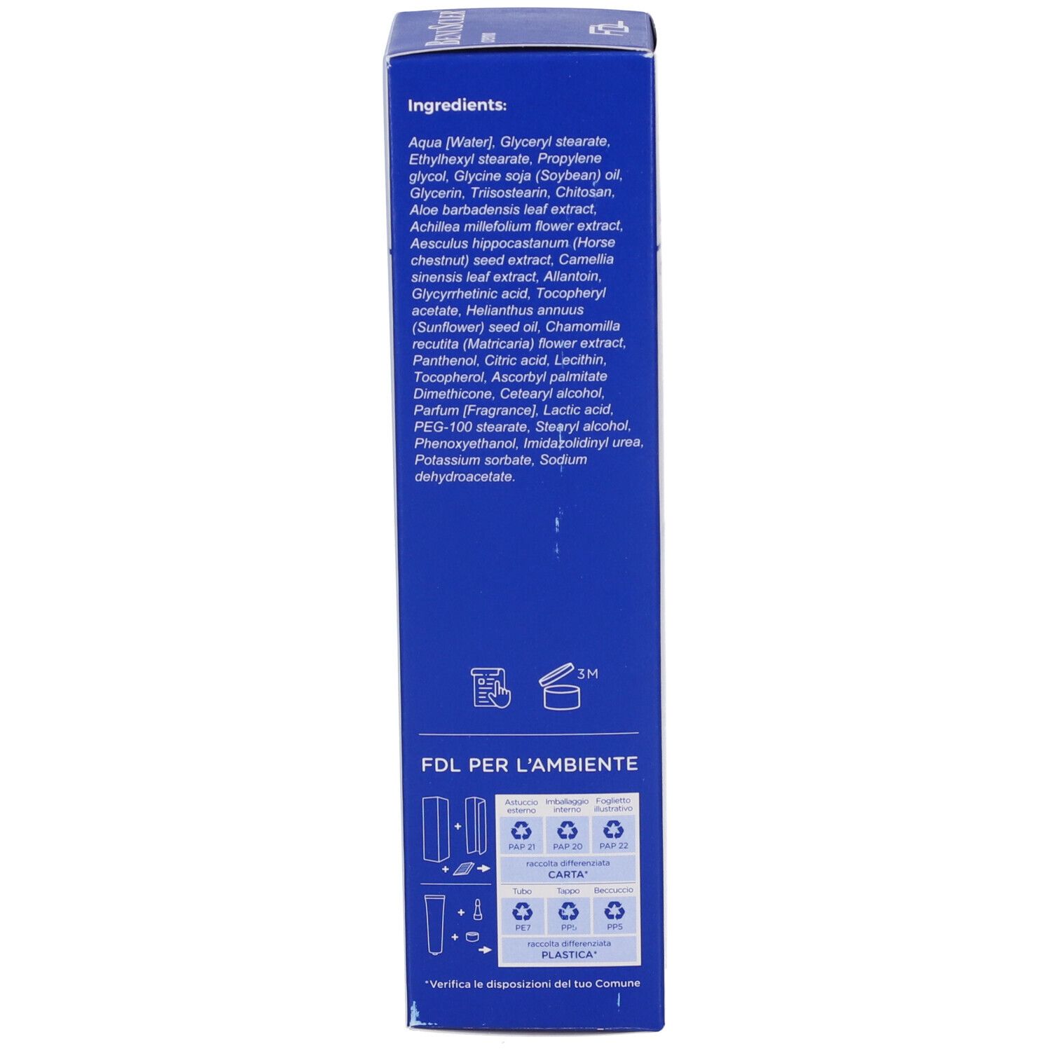 Weiße Produktverpackung, Rückseite mit detaillierter Inhaltsstoffliste und Recycling-Symbolen.