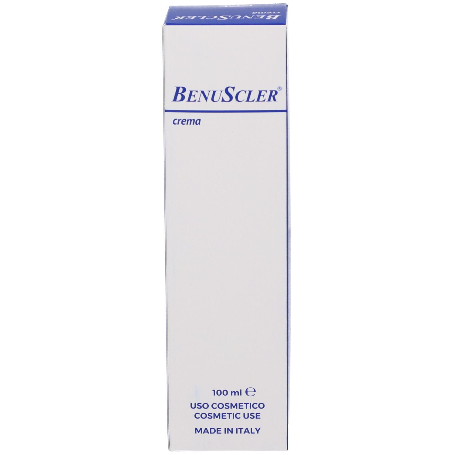 Weiße Produktverpackung mit "BenuScler crema" und Mengenangabe "100 ml e".
