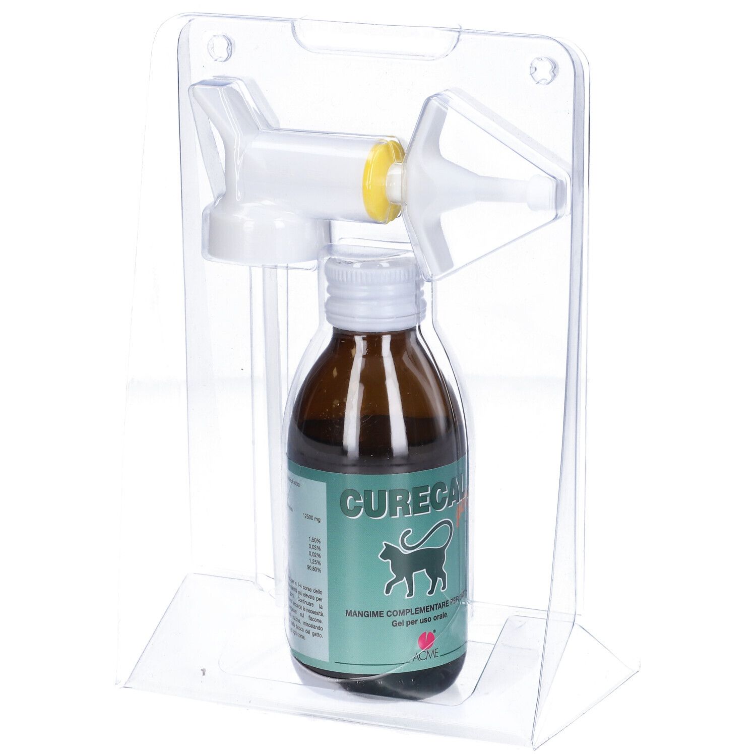 Flacone marrone con tappo bianco e applicatore in confezione trasparente. Scritta: Curecal.