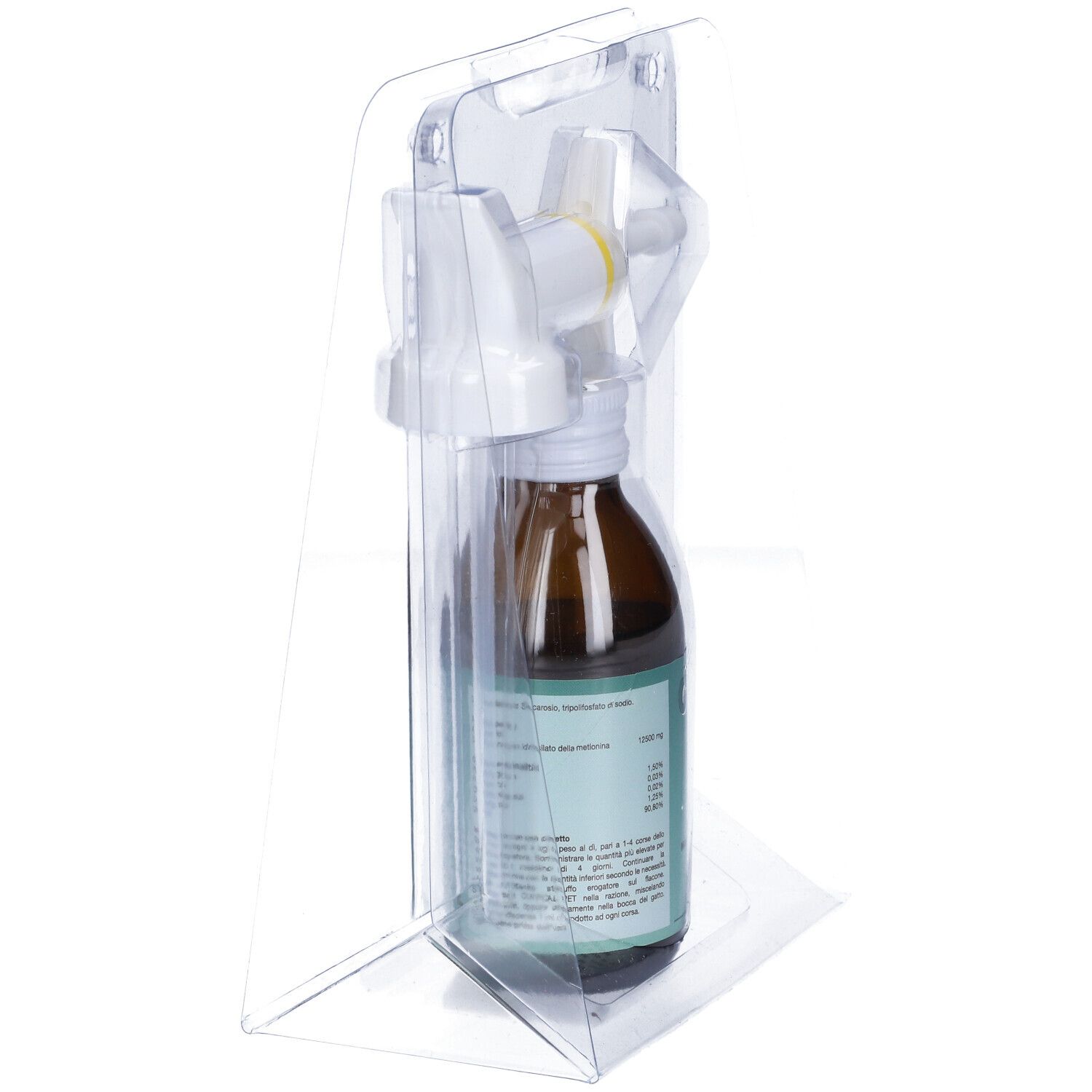 Flacone marrone con tappo bianco e applicatore in confezione trasparente. Vista laterale.