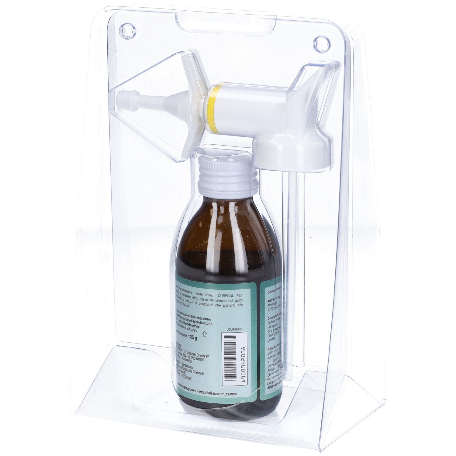 Flacone marrone con tappo bianco e applicatore in confezione trasparente. Scritta: Curecal.