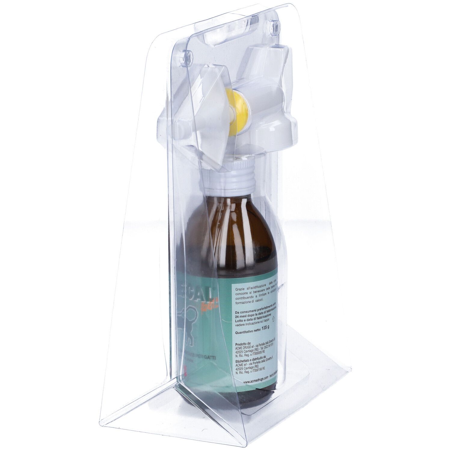 Flacone marrone con tappo bianco e applicatore in confezione trasparente. Vista laterale.