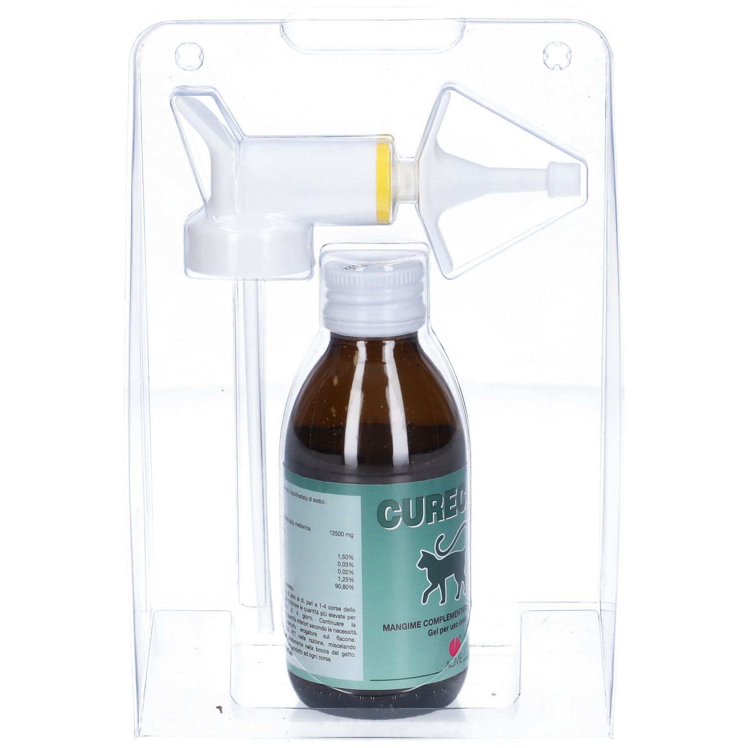 Flacone marrone con tappo bianco e applicatore in confezione trasparente. Scritta: Curecal.