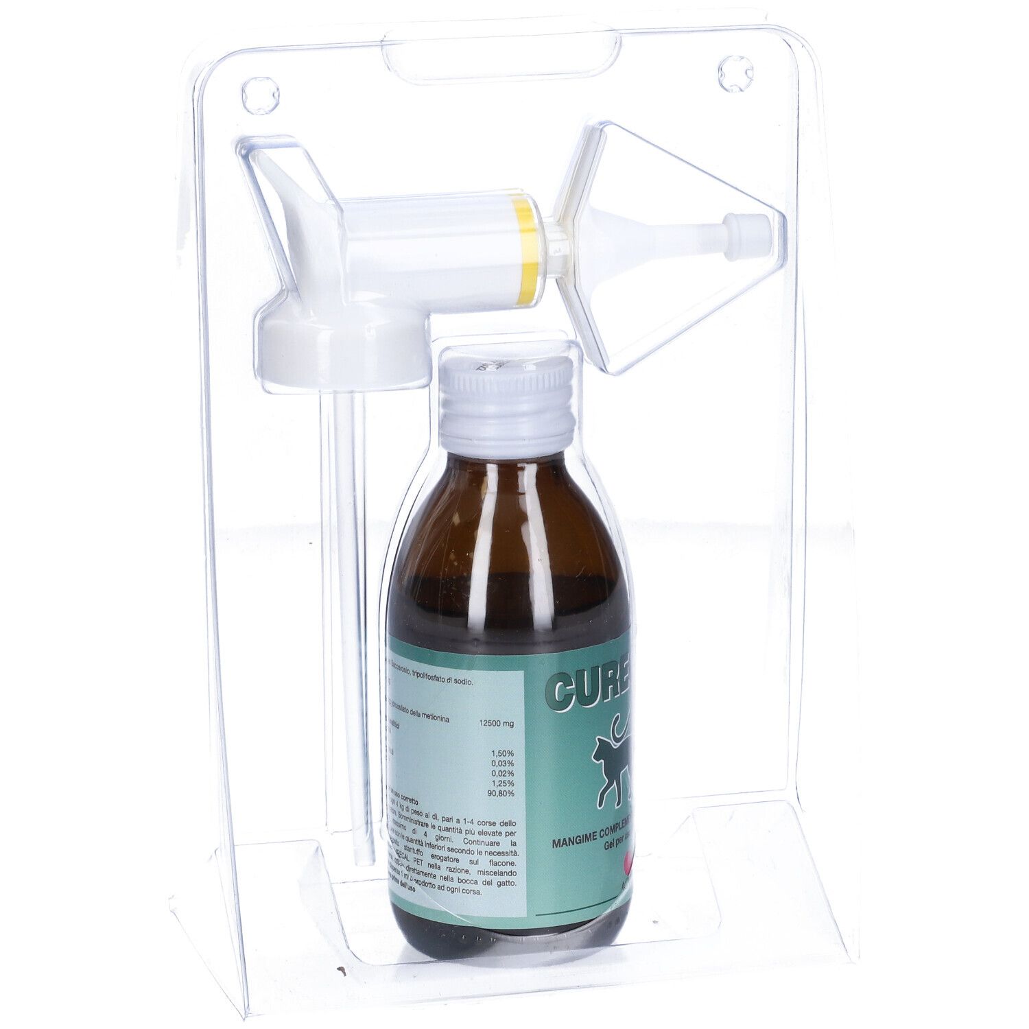 Flacone marrone con tappo bianco e applicatore in confezione trasparente. Scritta: Curecal.