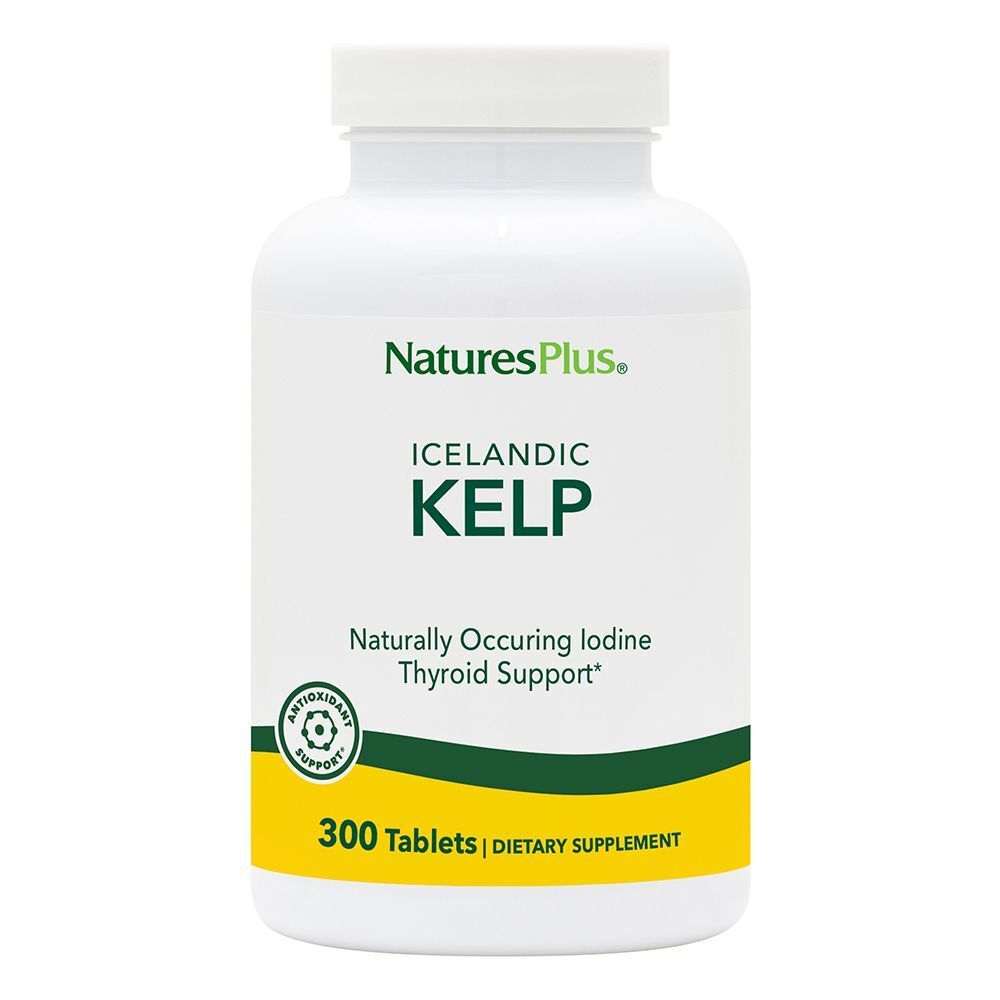 Etichetta bianca con testo verde: ICELANDIC KELP, 300 compresse. Marchio: NaturesPlus. Contiene iodio e supporta la tiroide.