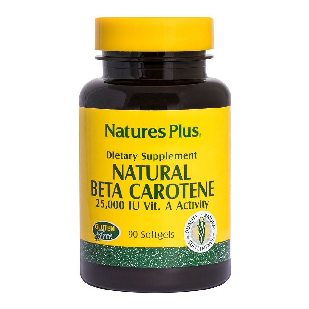 Flacone giallo con tappo giallo. Scritta: Natural Beta Carotene 25,000 UI. 90 capsule. Senza glutine.