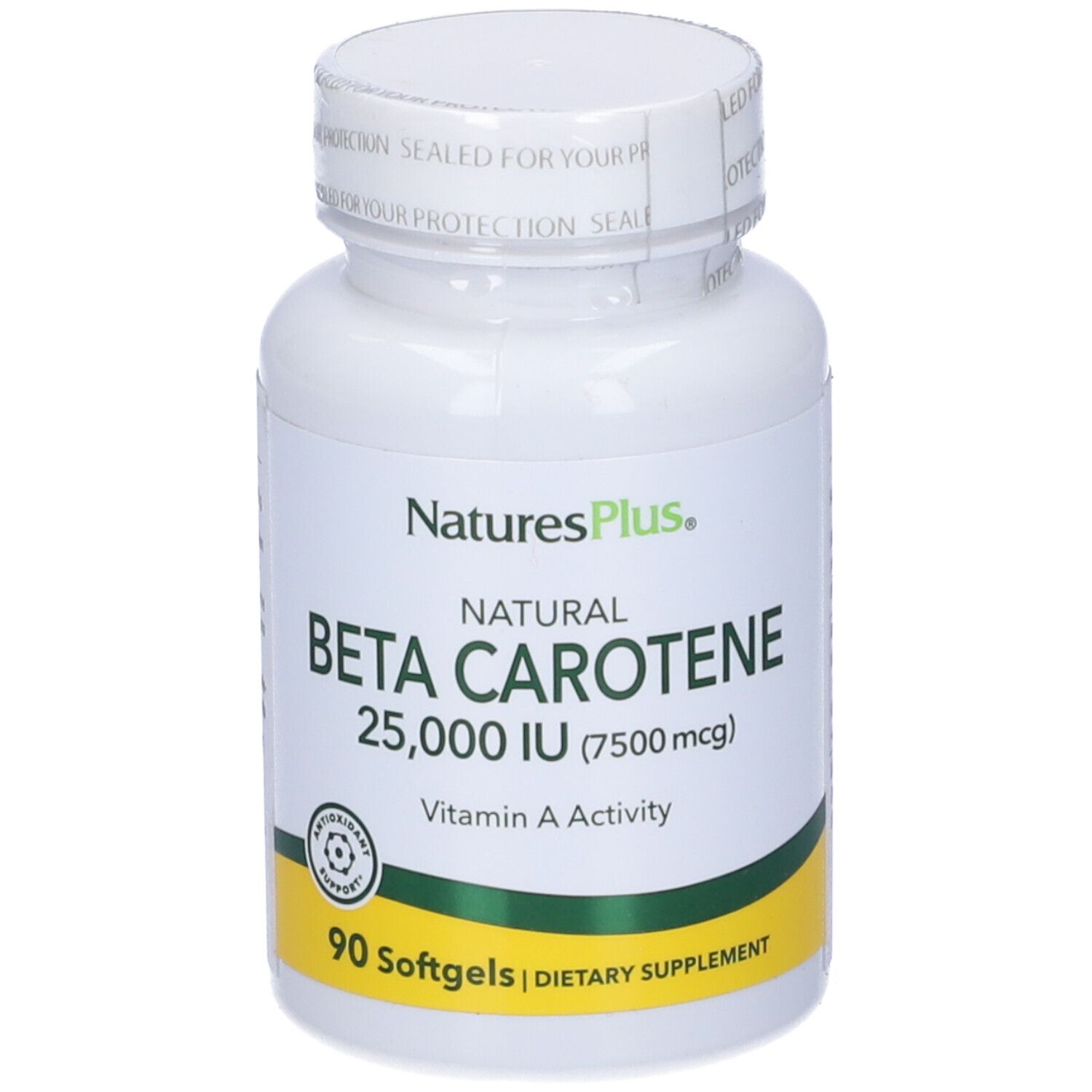Flacone bianco con tappo bianco. Scritta: Natural Beta Carotene 25,000 UI. 90 capsule. Vitamina A.
