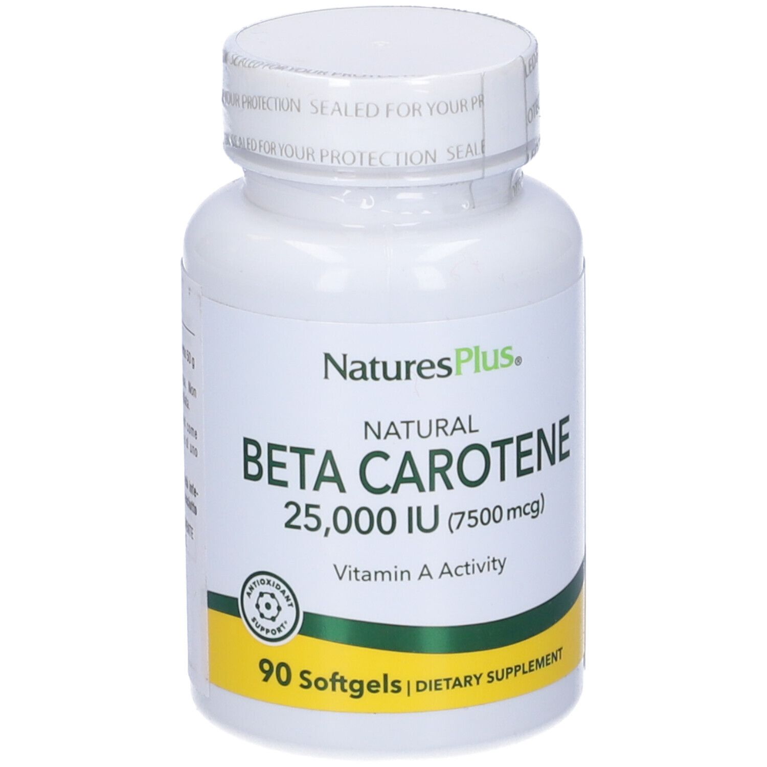 Flacone bianco con tappo bianco. Scritta: Natural Beta Carotene 25,000 UI. 90 capsule. Vitamina A.
