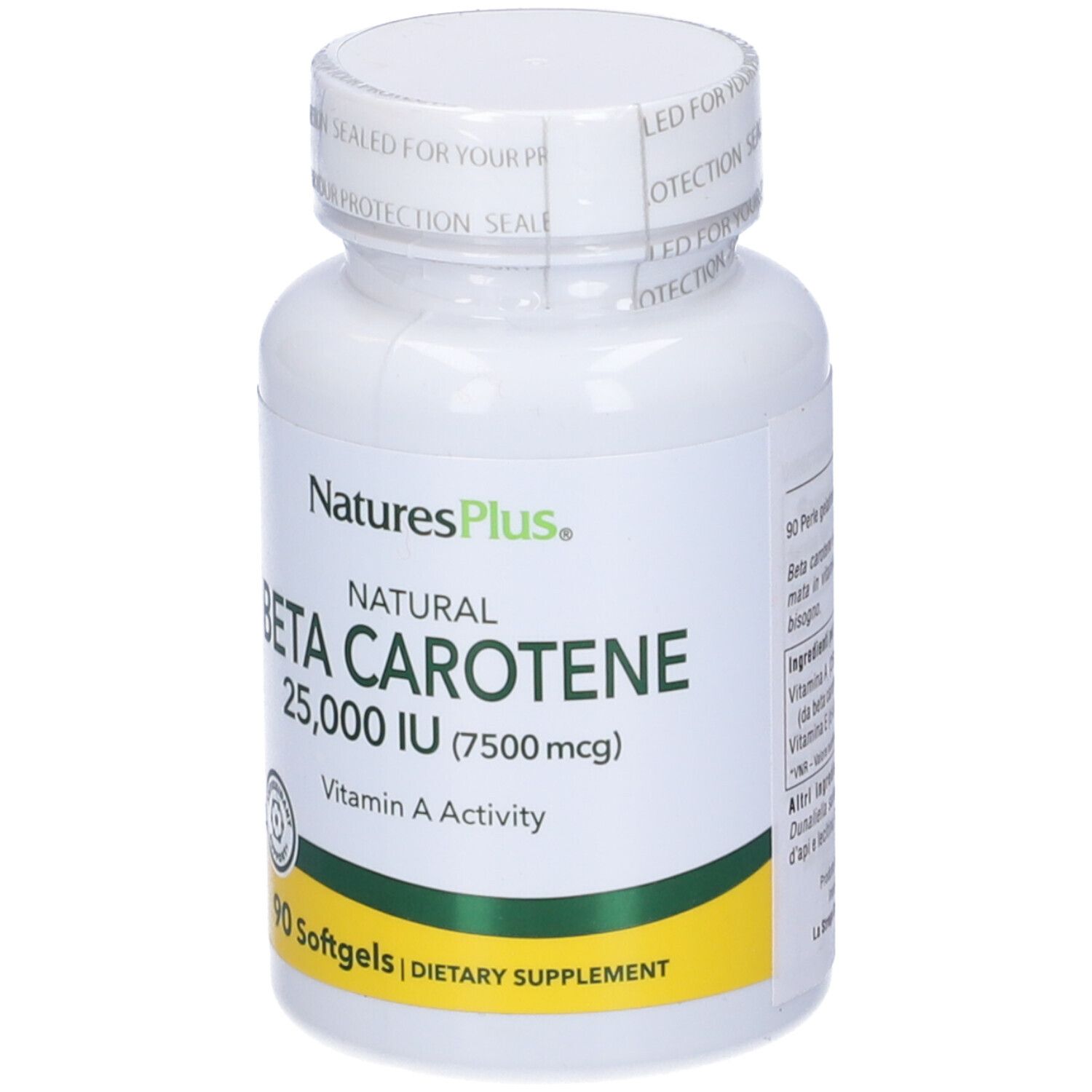 Flacone bianco con tappo bianco. Scritta: Natural Beta Carotene 25,000 UI. 90 capsule. Vitamina A.
