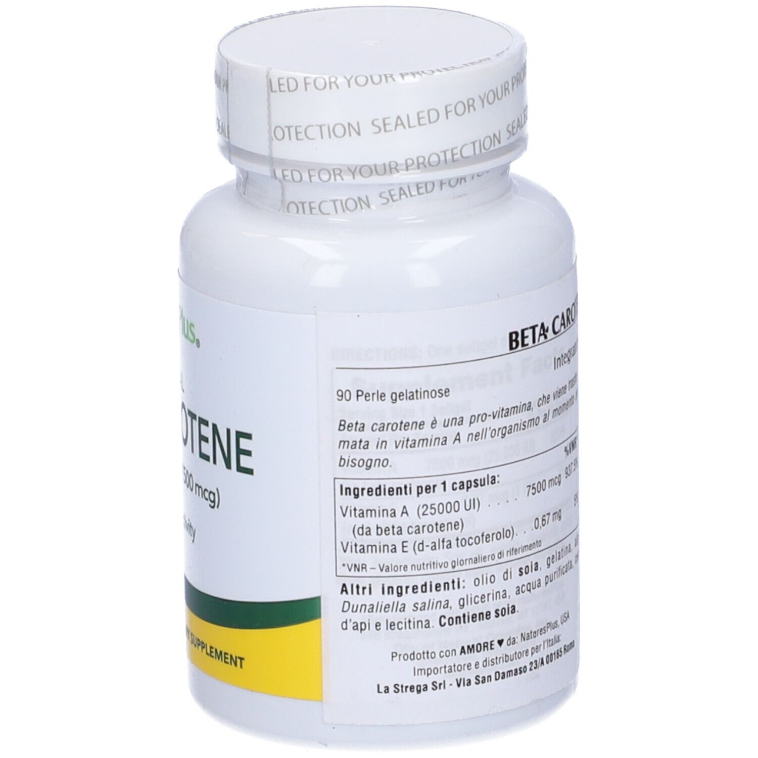 Flacone bianco con tappo bianco. Scritta: Beta Carotene 25,000 UI. 90 capsule. Vitamina A. Testo sul retro.