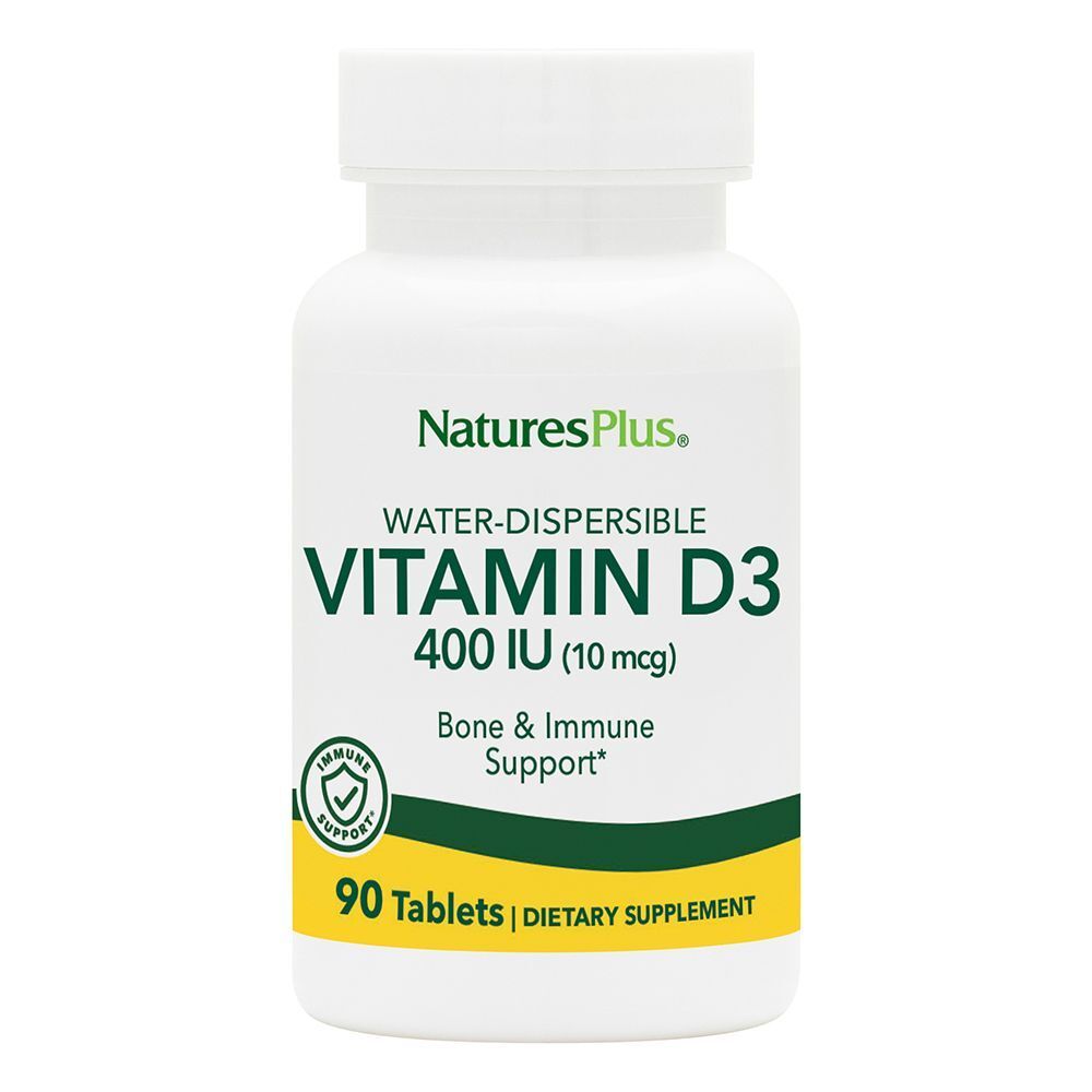 Flacone bianco di Vitamina D3 400 UI, 90 compresse. Marchio NaturesPlus. Supporto osseo e immunitario.