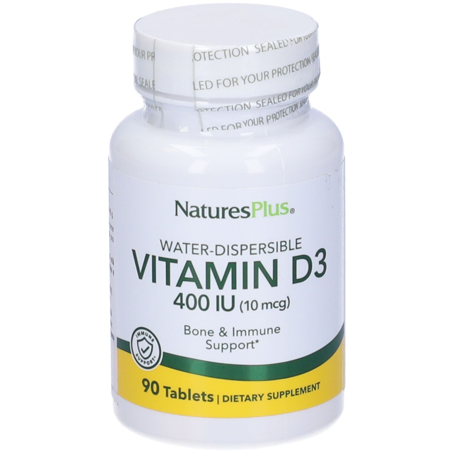 Flacone bianco di Vitamina D3 400 UI, 90 compresse. Marchio NaturesPlus. Supporto osseo e immunitario.